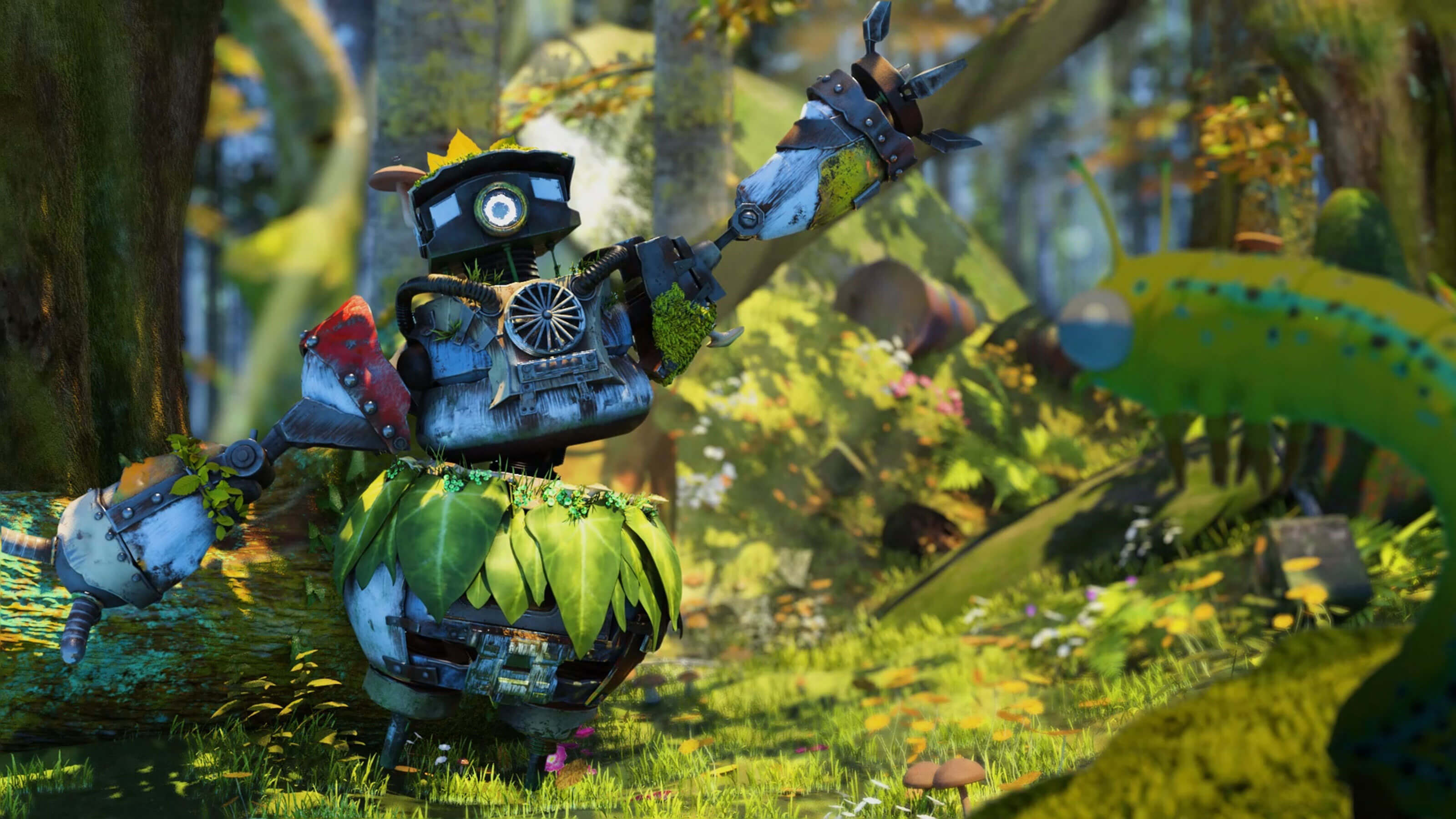 A robot made from various parts and covered in plants and moss poses in a forest.