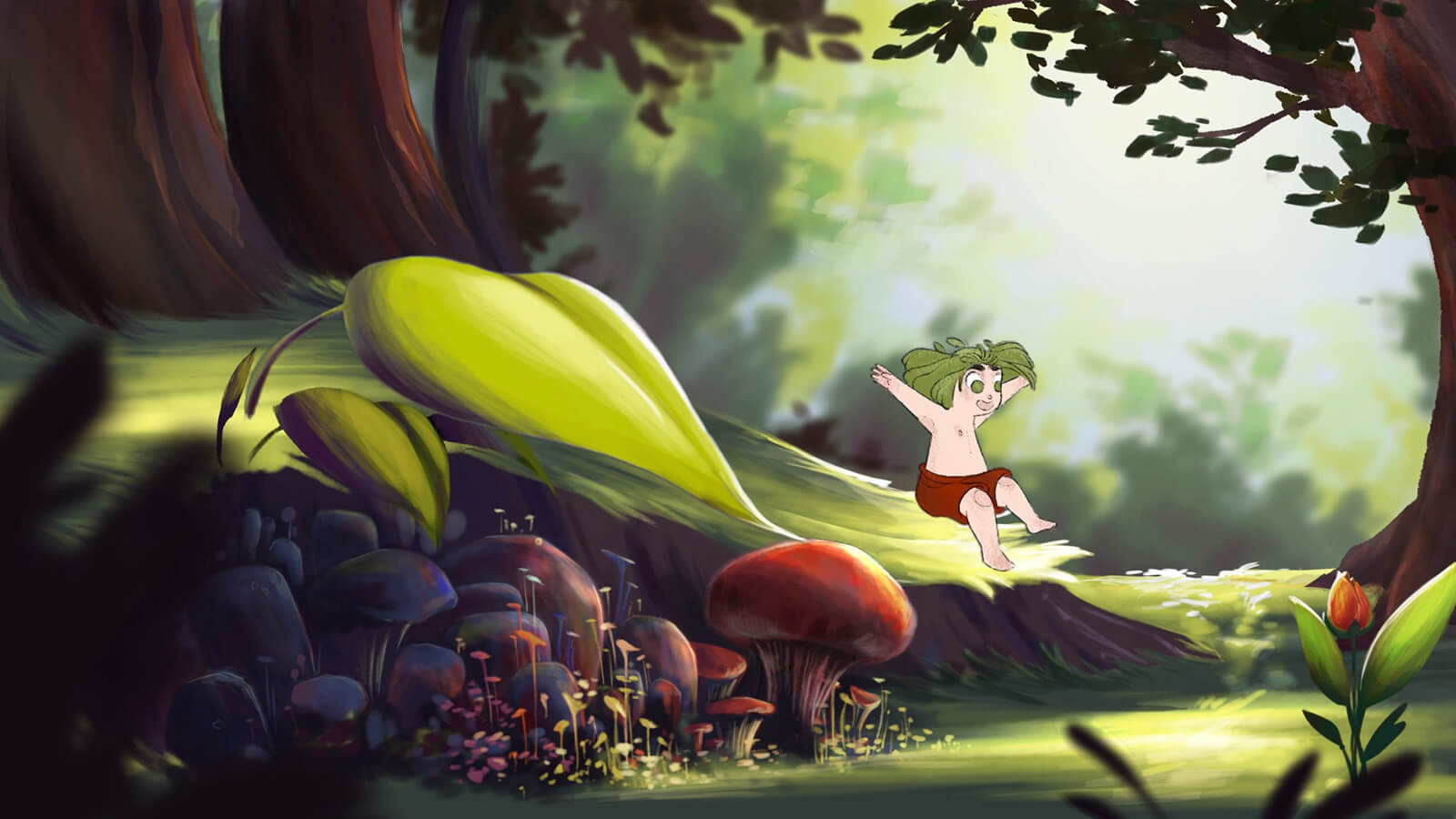 A young child slides down a giant leaf and is about to land near a group of mushrooms within a forest
