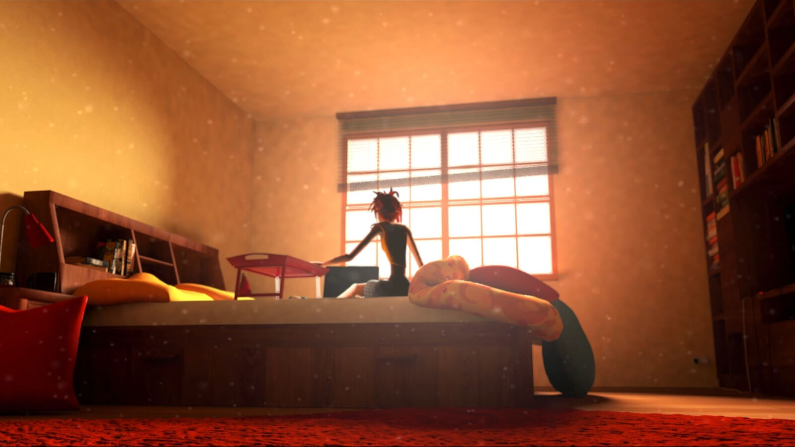Una mujer se despierta y se sienta en el borde de su cama junto a una ventana