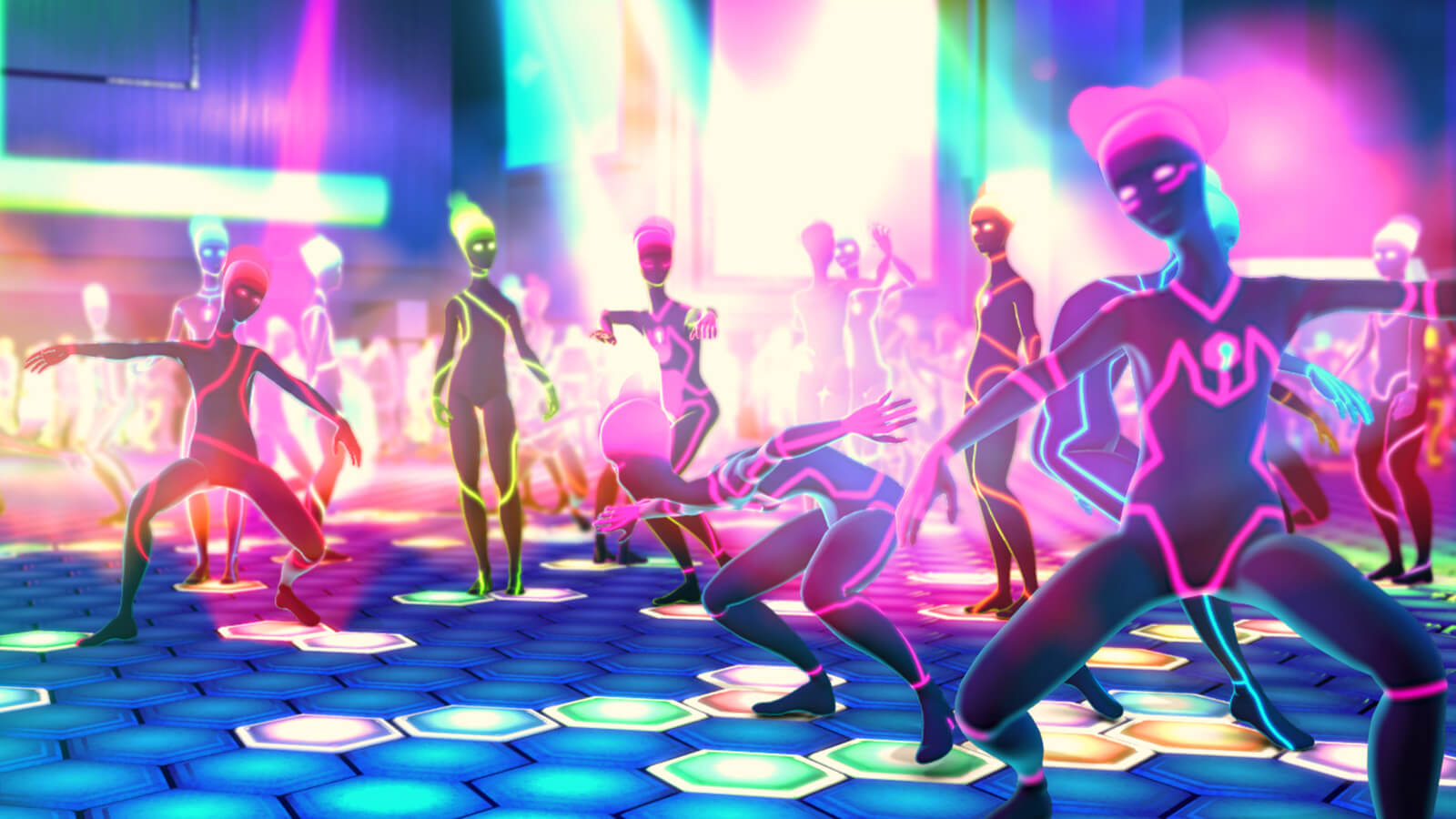 Humanoid figures move and dance in a nightclub suffused with neon colors
