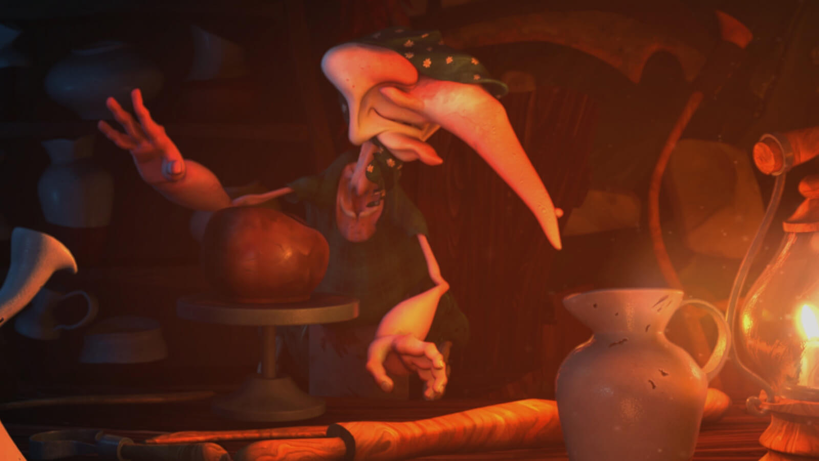An old woman with a long nose is surrounded by pottery in a room lit by firelight.
