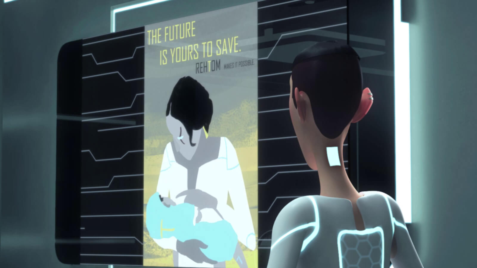A person in a futuristic setting looks at a poster of a mother with a child in her arms, with "The future is yours to save."