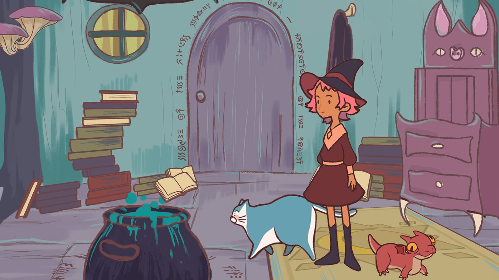 El estudio de una joven bruja lleno de libros y un puchero, también, un gato y un dragón bebe.