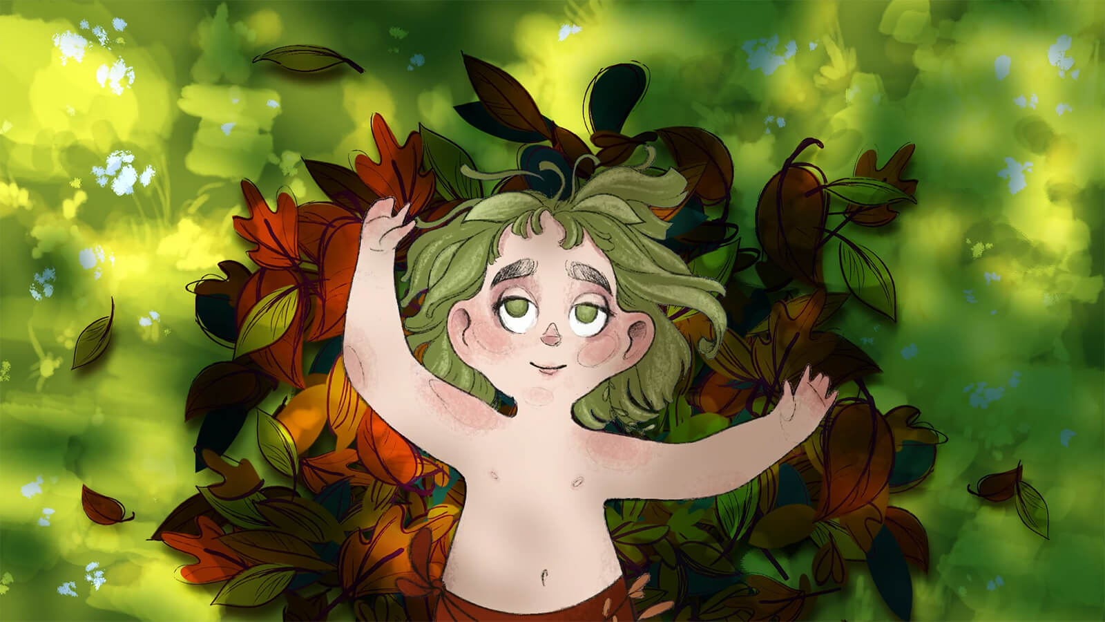A young child looks up while laying on top of a pile of leaves