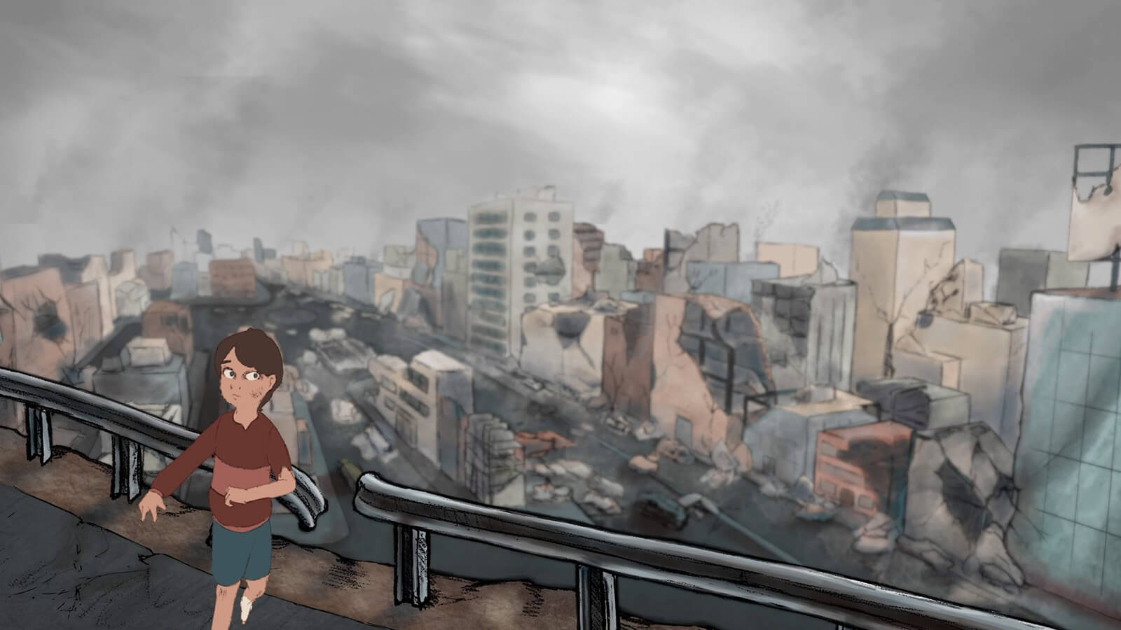 Una mirada a una ciudad devastada por la guerra con edificios derrumbándose en la distancia