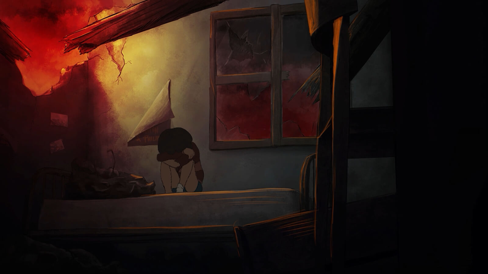 Un niño se esconde en una cama dentro de una casa en ruinas con una ventana rota y un agujero en la pared.