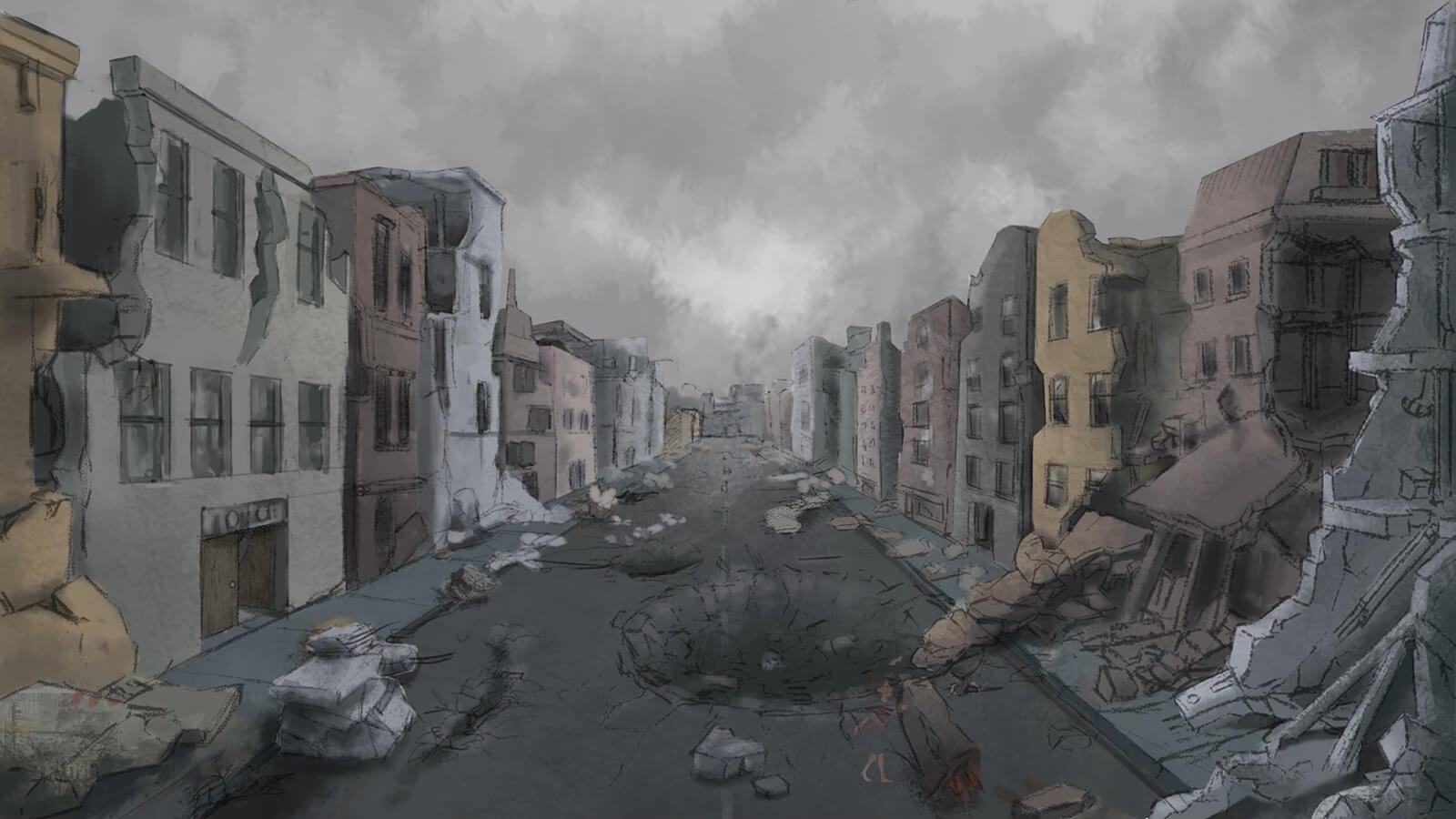 Una mirada a una calle devastada por la guerra con edificios derrumbándose a ambos lados y cráteres en el camino