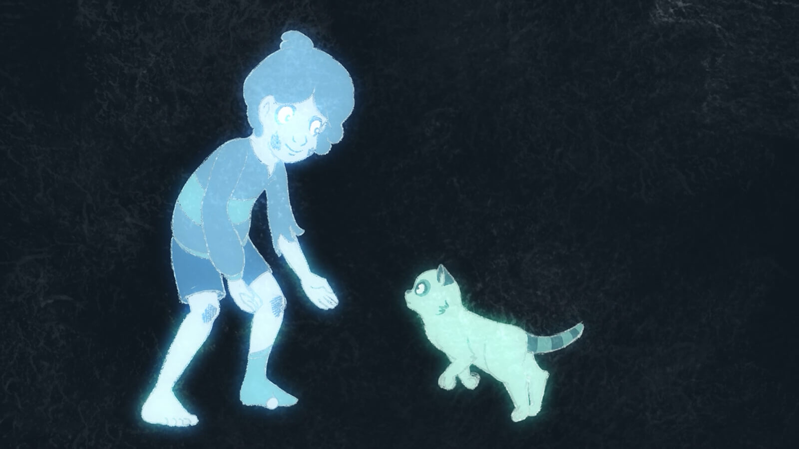 Both a young boy and a white cat with a striped tail glow a light color as they reach out to each other