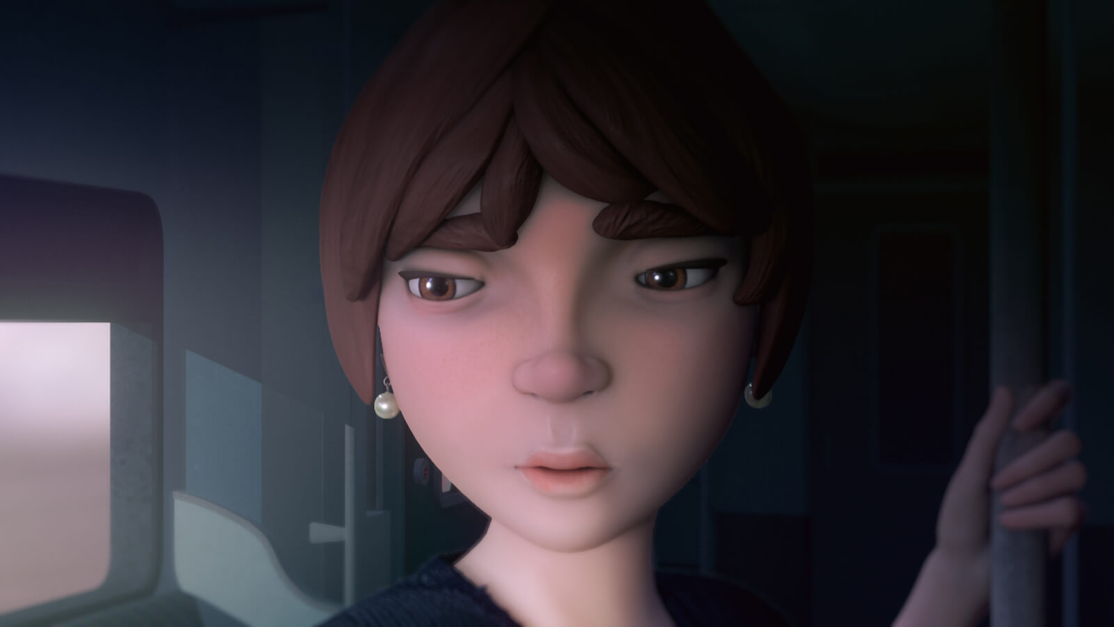 CG image of a closeup on a woman's face as she stands in a train car. Her expression is downcast, but muted.