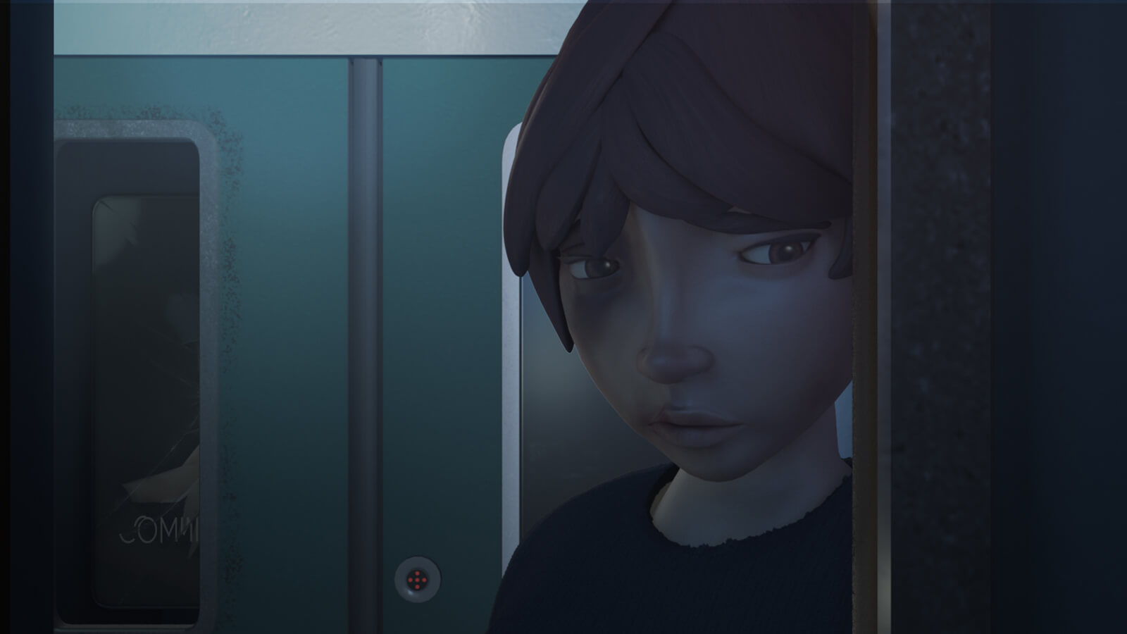 Imagen en CG del primer plano de una mujer con un ojo amoratado que mira hacia fuera descorazonada desde el interior de un vagón mal iluminado.
