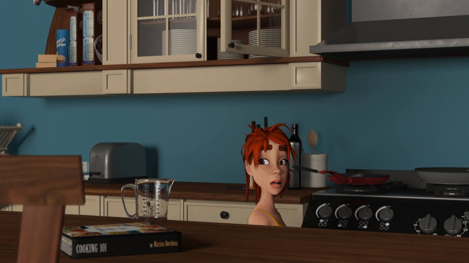Una mujer se agacha en la cocina junto a un hornillo y mira por encima de una mesa