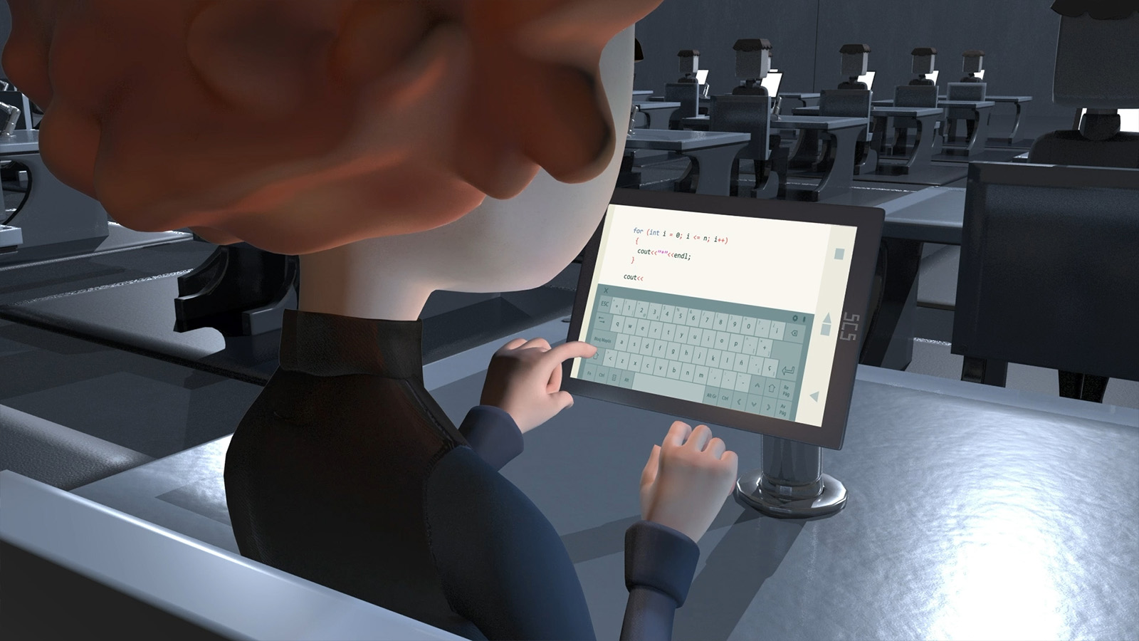 Una estudiante escribe en un teclado digital en una tableta