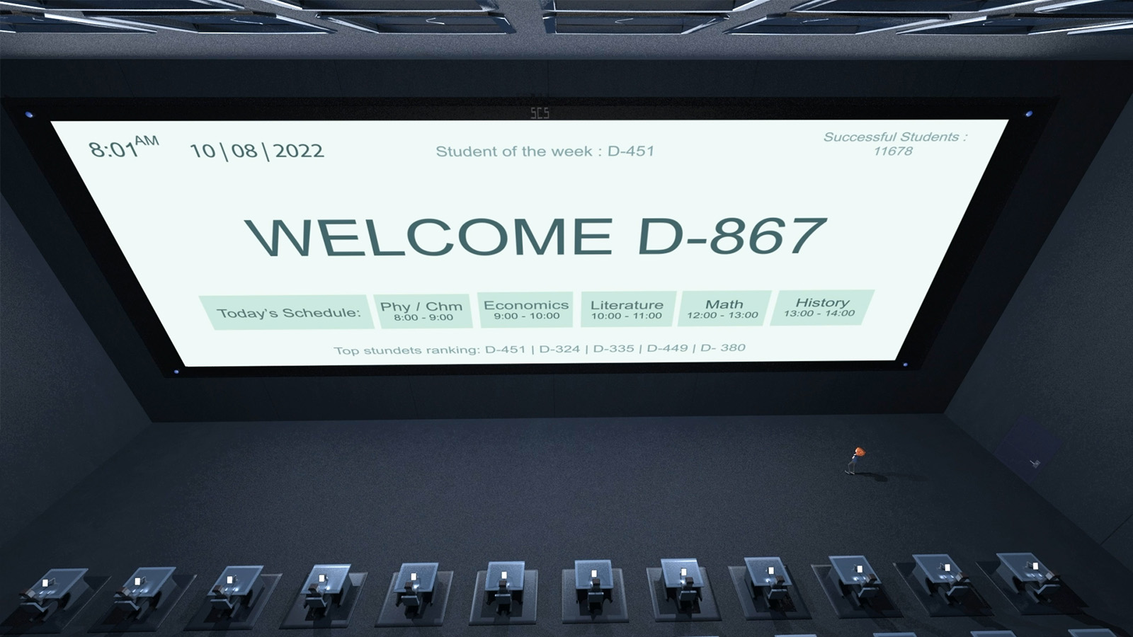 A massive screen is illuminated and has 'welcome d-867' written on it.