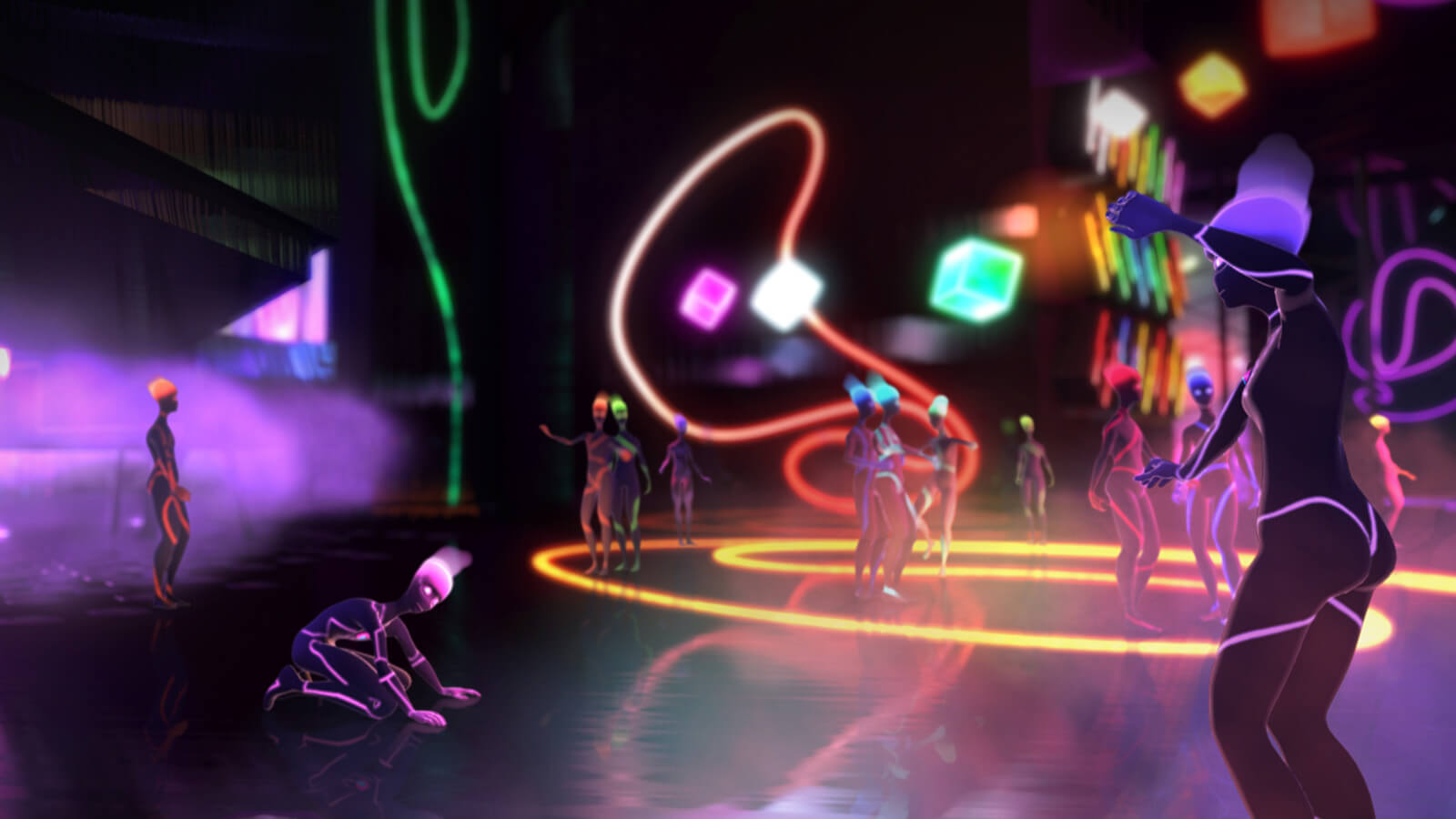 Characters with neon-colored features mingle around a nightclub while one figure falls to its knees