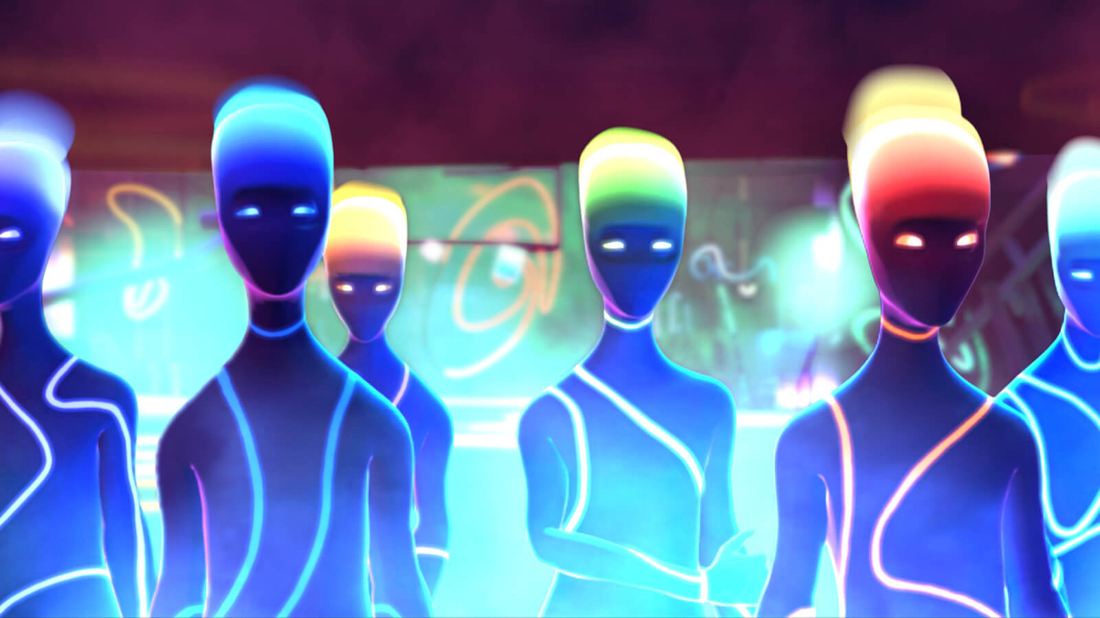 Two rows of humanoid figures stand in front of a wall with neon lights