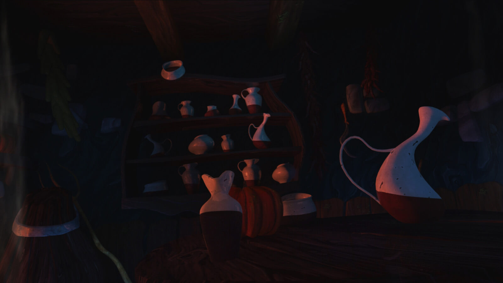 Interior view of a dimly lit farmhouse, filled with handmade pottery.