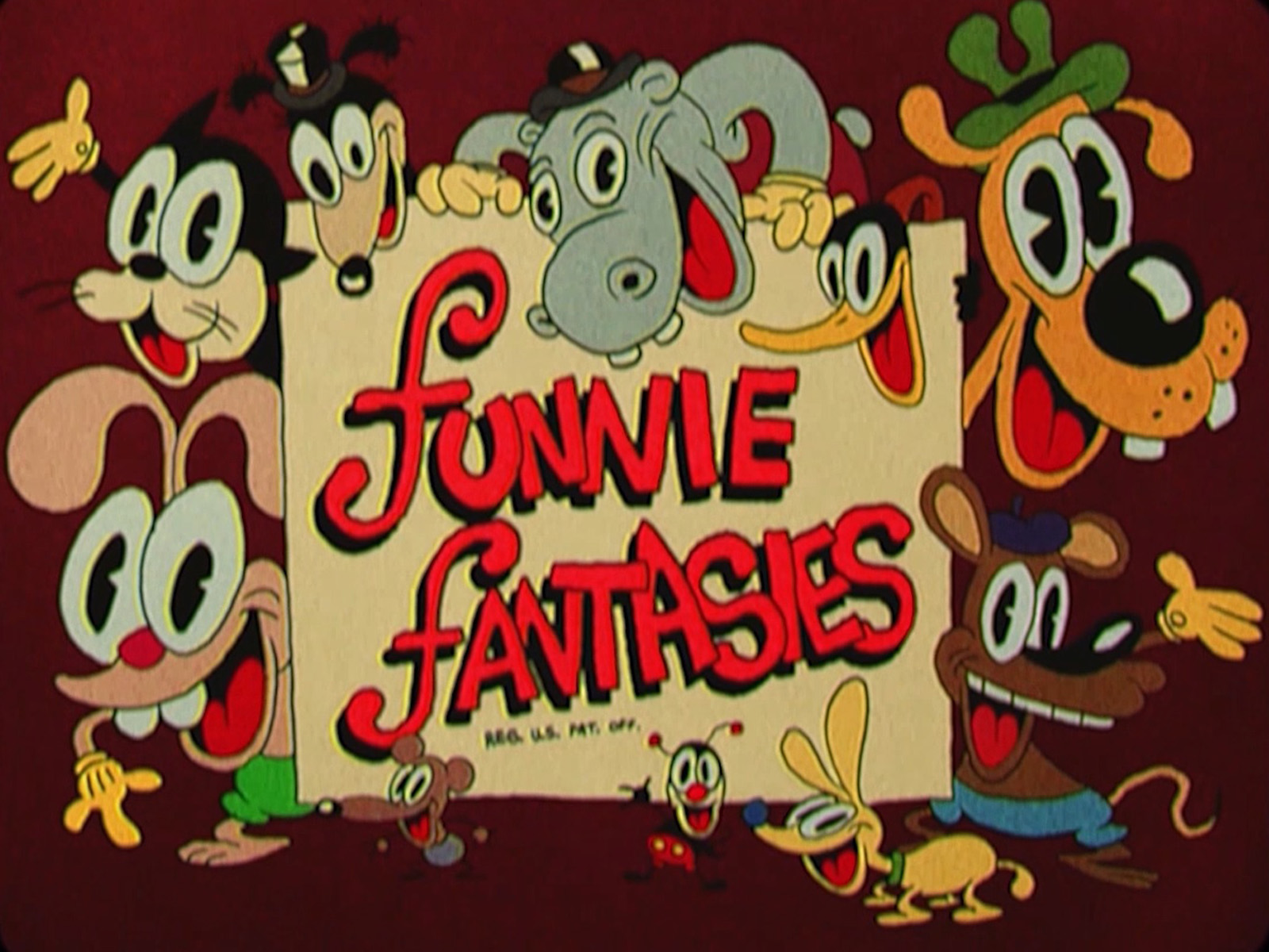 Una rótulo de introducción con las palabras "funnie fantasies" rodeadas por varios personajes animales.