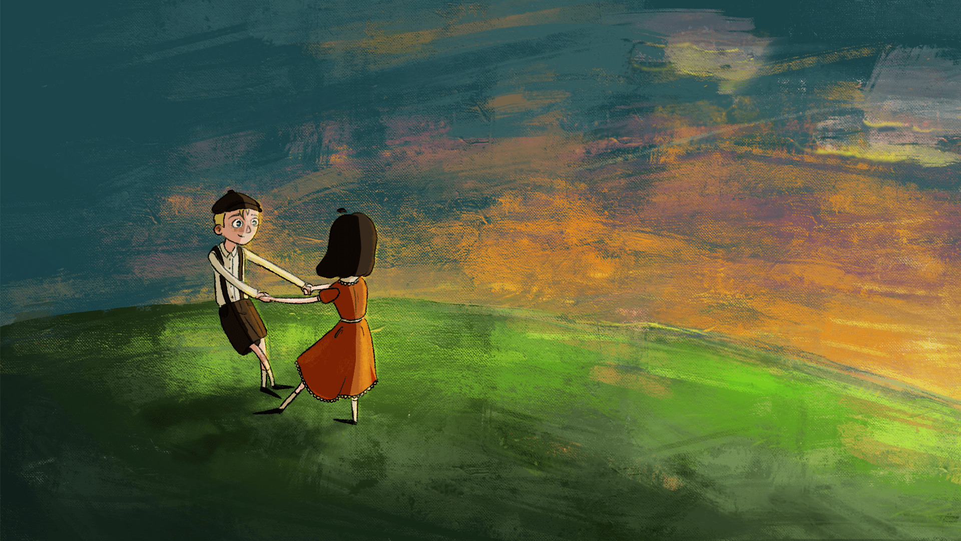 A childhood memory: a boy and a girl dance holding hands, happily spinning around in a field.