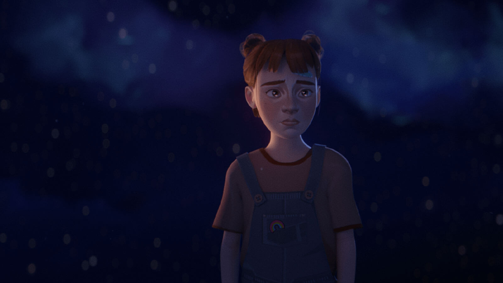 Girl wearing overalls appears melancholy on a blue background adorned with stars.