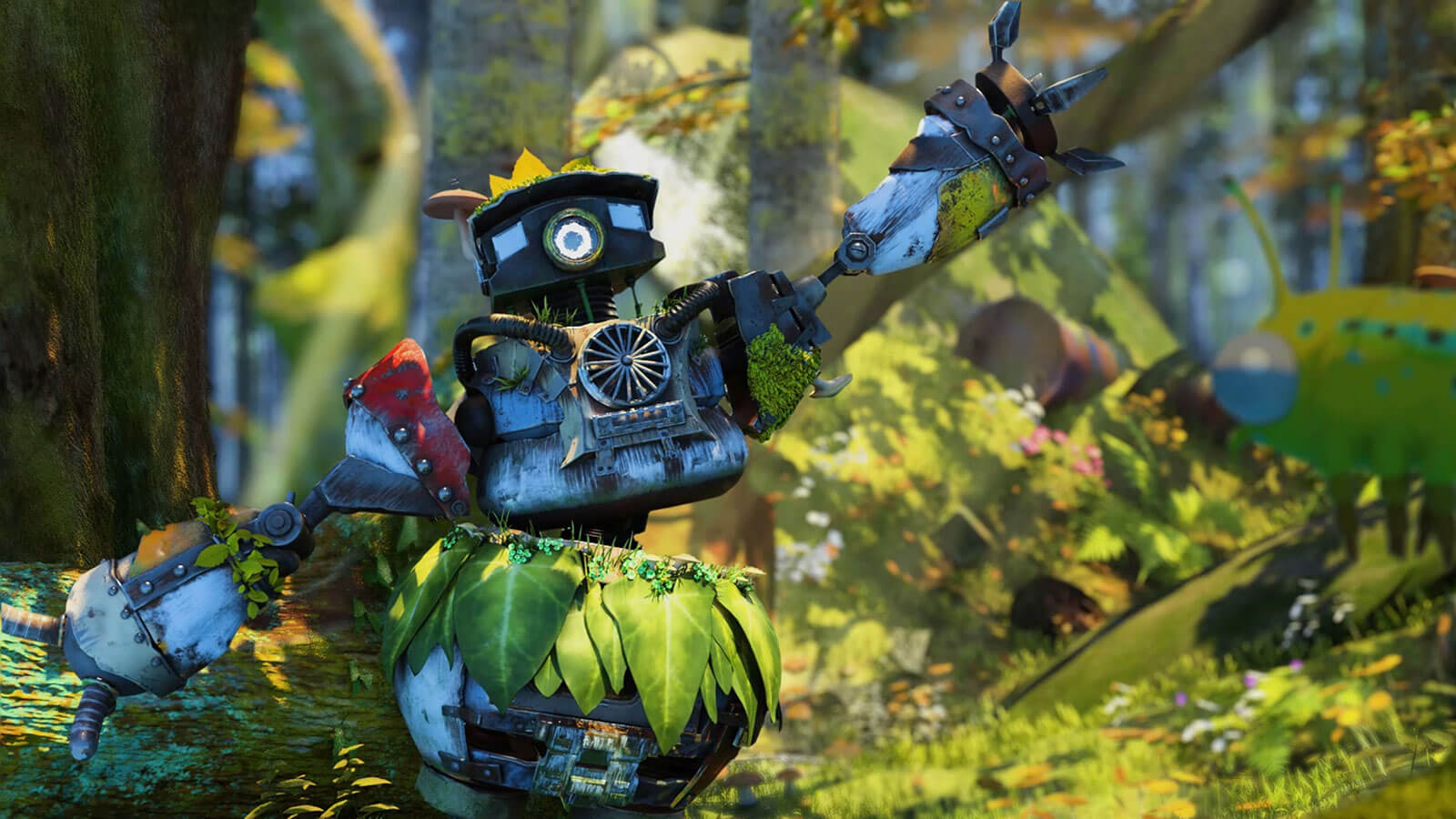 A robot made from various parts and covered in plants and moss poses in a forest