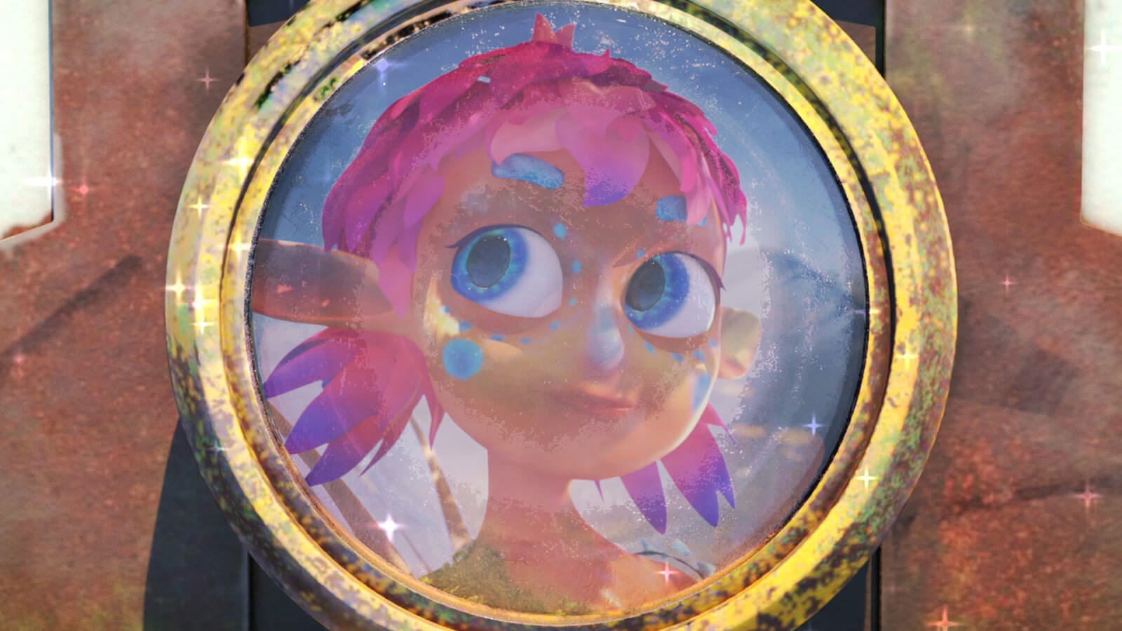 Closeup of a circular picture of a young girl with pink hair