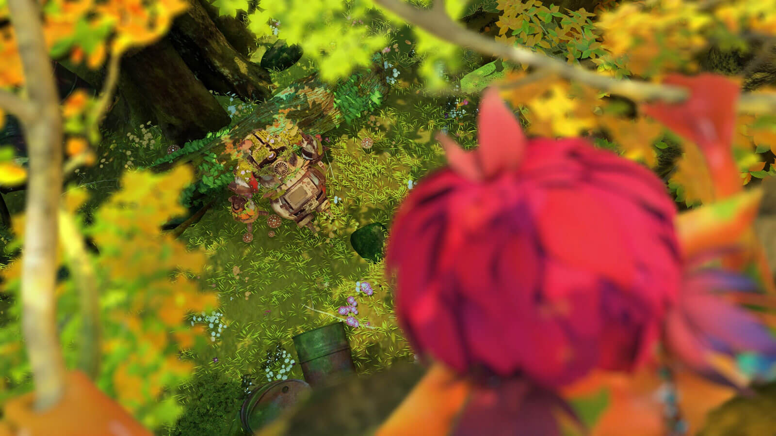 Top-down view of a girl with pink hair looking down at a robot from a tree