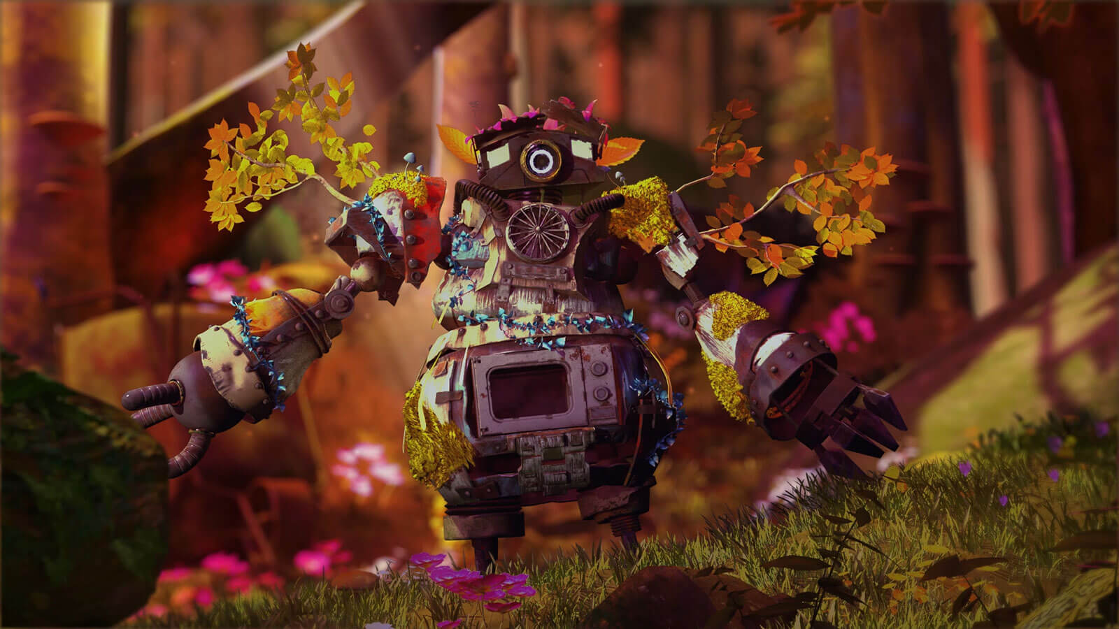 A patchwork robot stands in the forest while shrugging at the camera