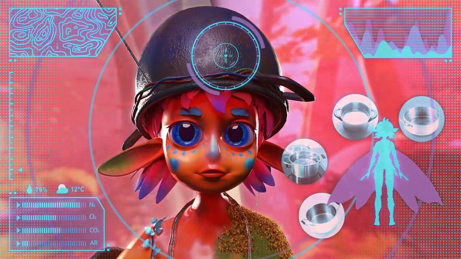 A HUD view of a young girl wearing a helmet with various blue overlays 