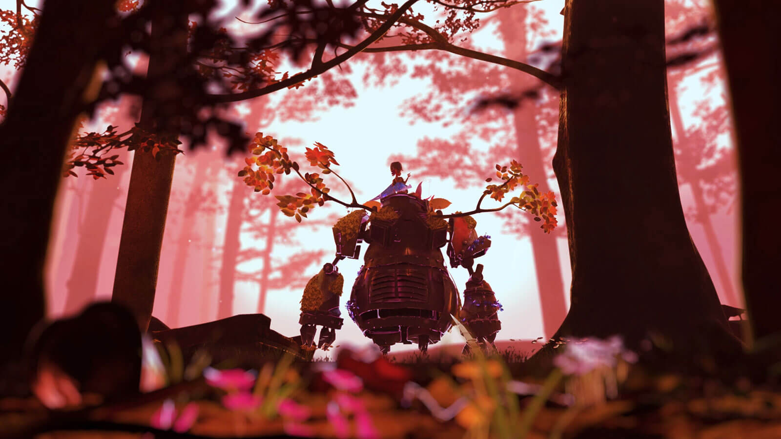 Rear view of a robot sullenly walking away in the forest