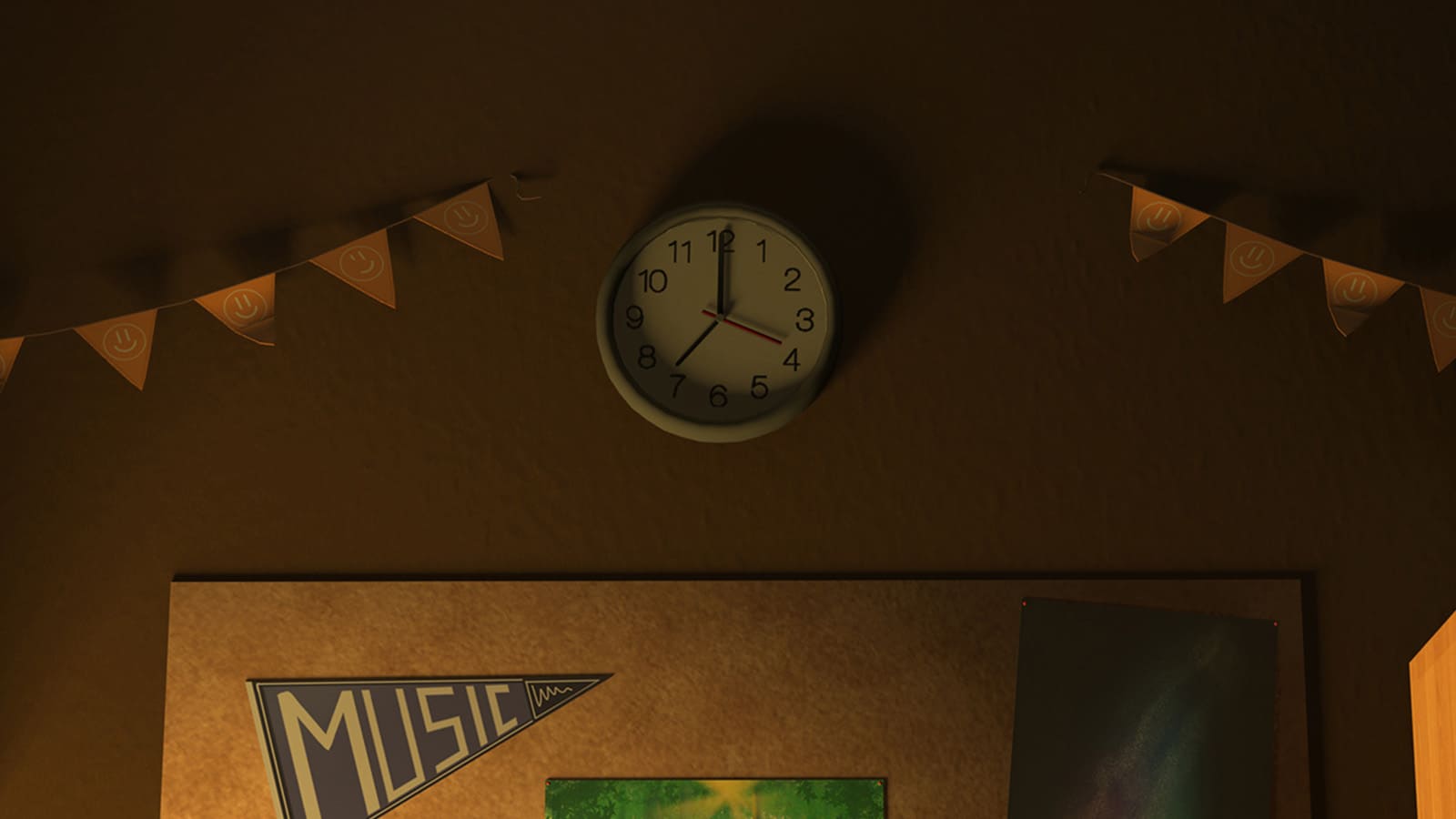 A clock is on the middle of the wall of main character's room, Skye, it´s seven o'clock