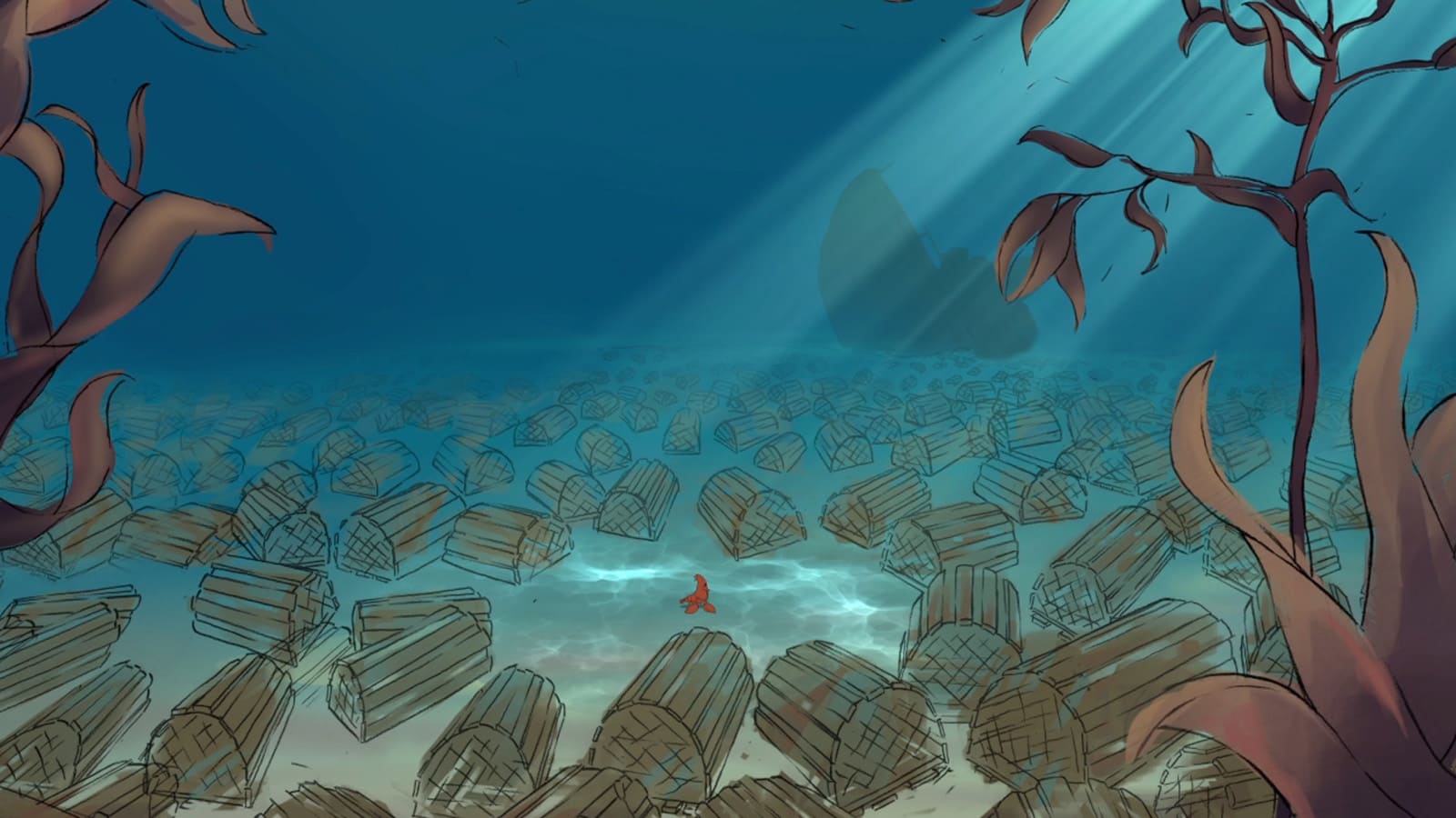 The deep sea is full of boxes and a sunk ship could be seen at the background
