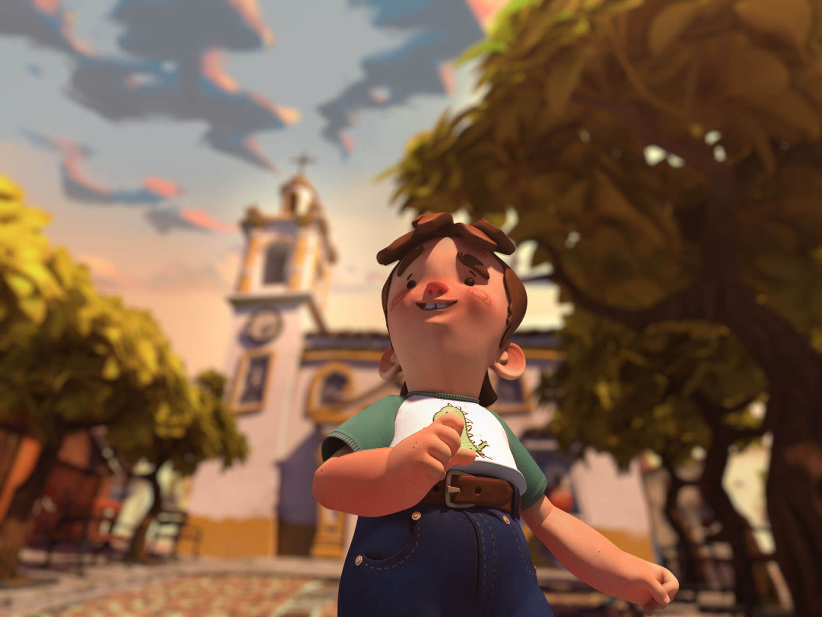 A boy stands in front of a church and looks happily into the distance 