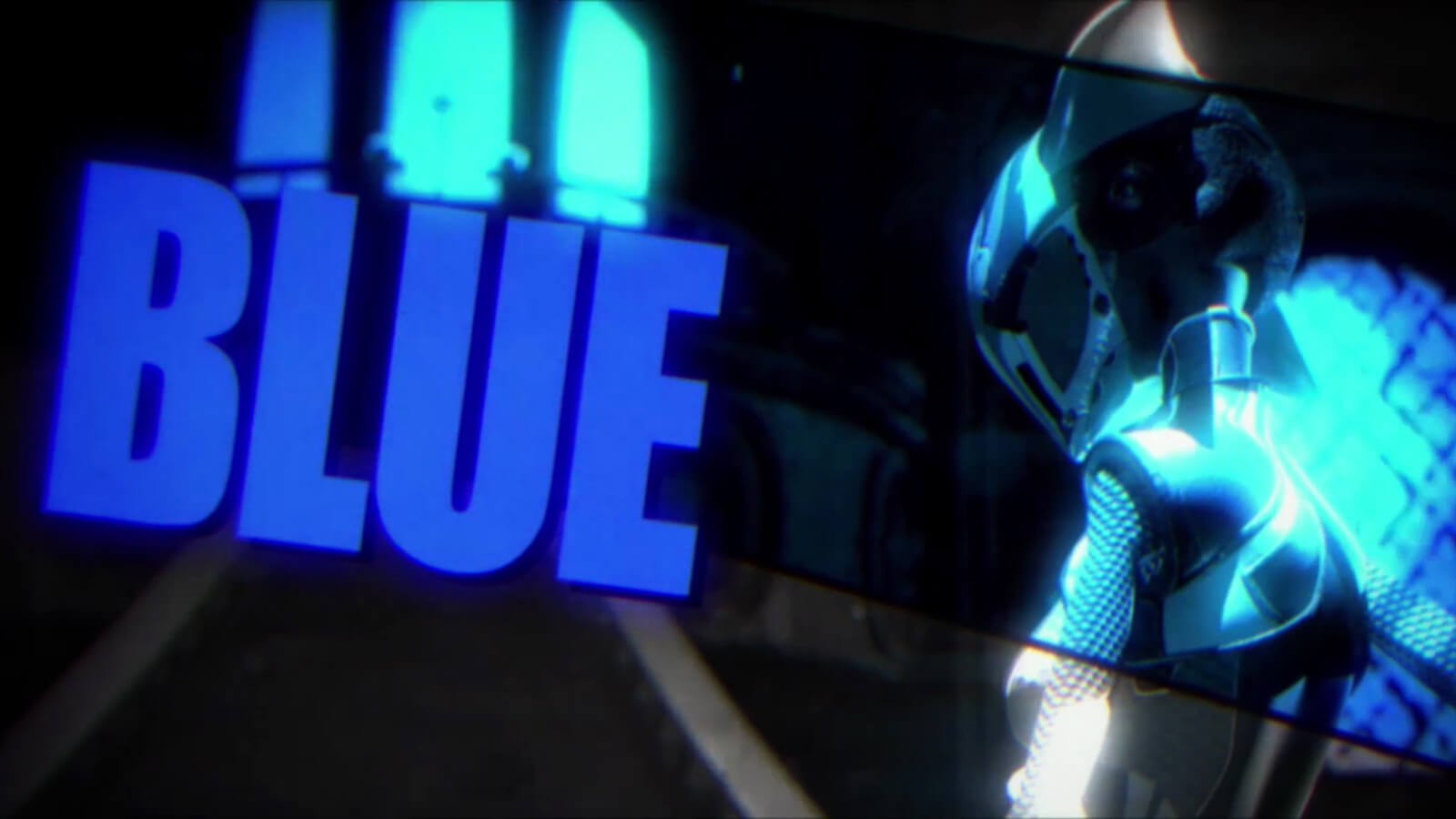 Figura delgada en un traje y casco futuristas flexibles a la derecha de la palabra AZUL en letras azules grandes.