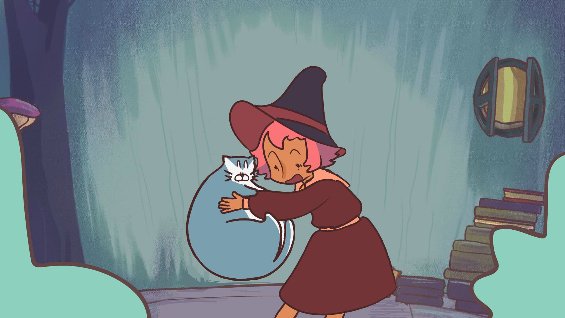 The young witch pushes her cat away from her notebook.