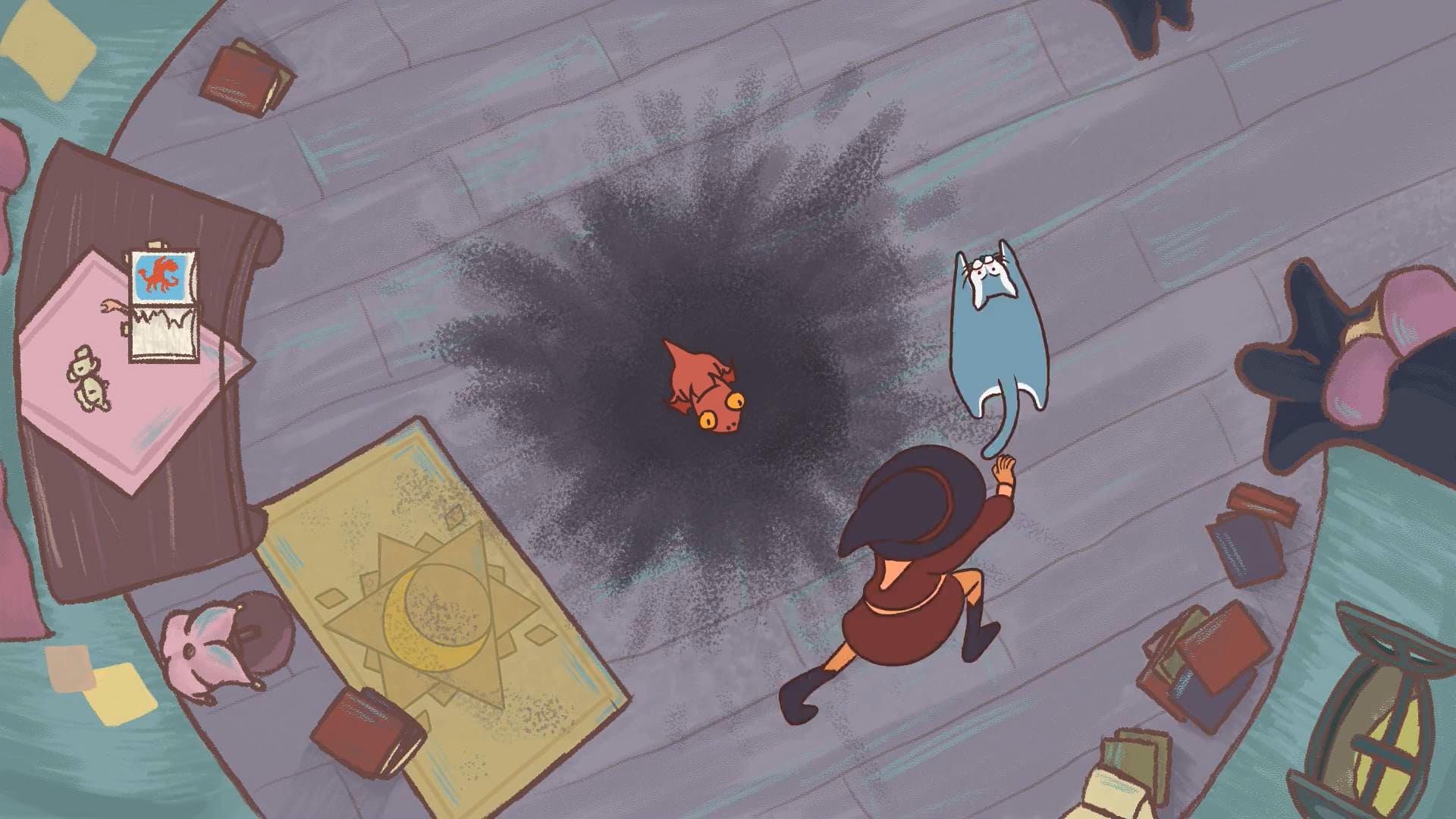 A top-down shot, where a young witch runs in circles after her cat throughout the study, attempting to catch it, in the while a baby dragon is in the middle of the room.
