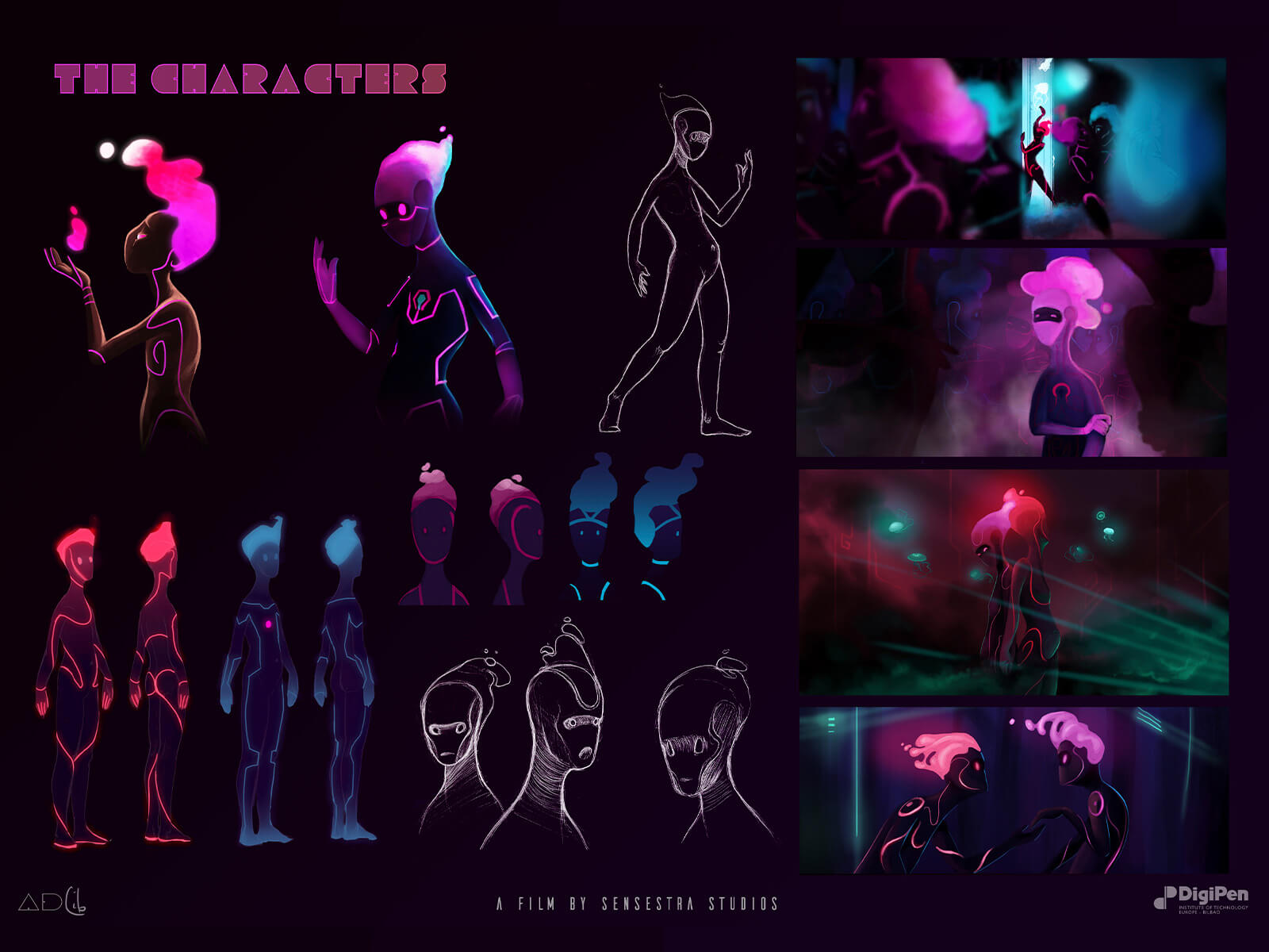 Sketches of neon-colored futuristic characters