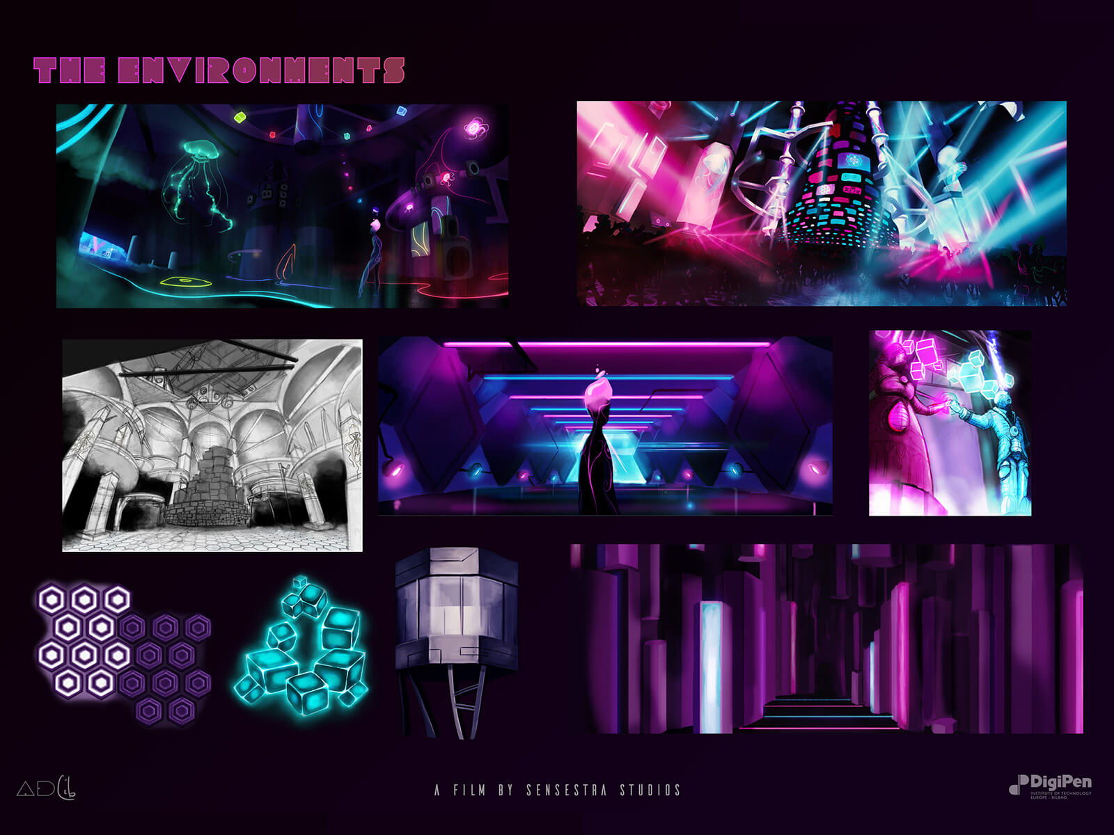 Concept drawings and paintings of futuristic nightclub environment