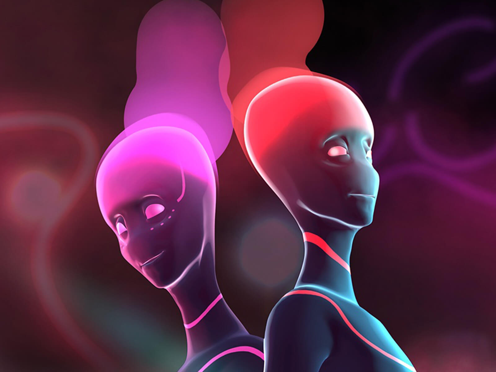 Concept painting of two humanoid characters, one with purple features and one with orange
