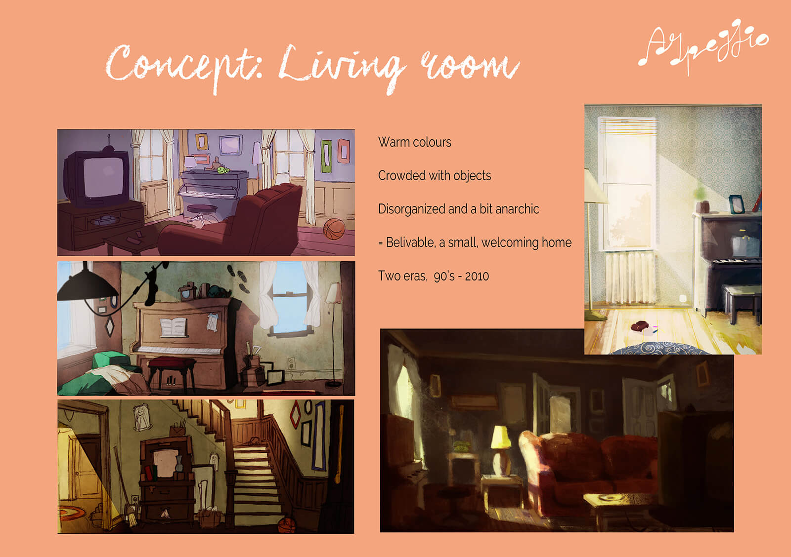 Concept art for the living room depicted in the film Arpeggio, with several color drawings of living rooms with a piano