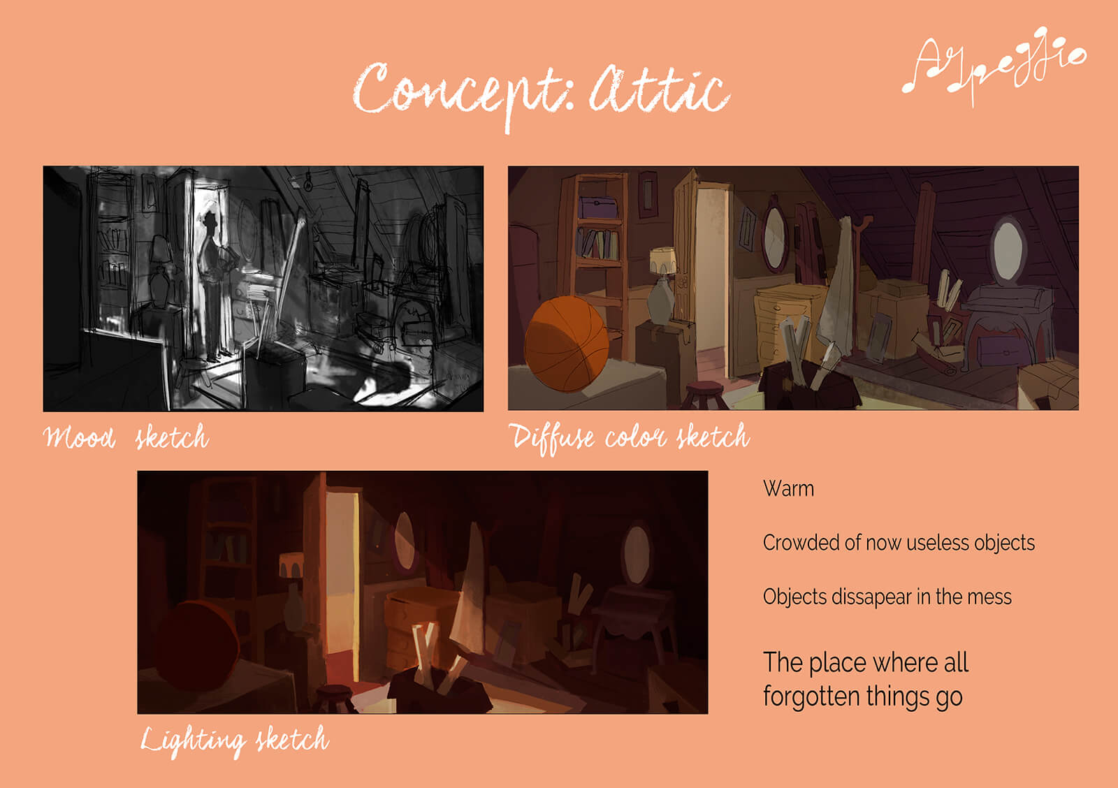 Concept art for the attic setting in the film Arpeggio, including mood sketch, diffuse color sketch, and lighting sketch