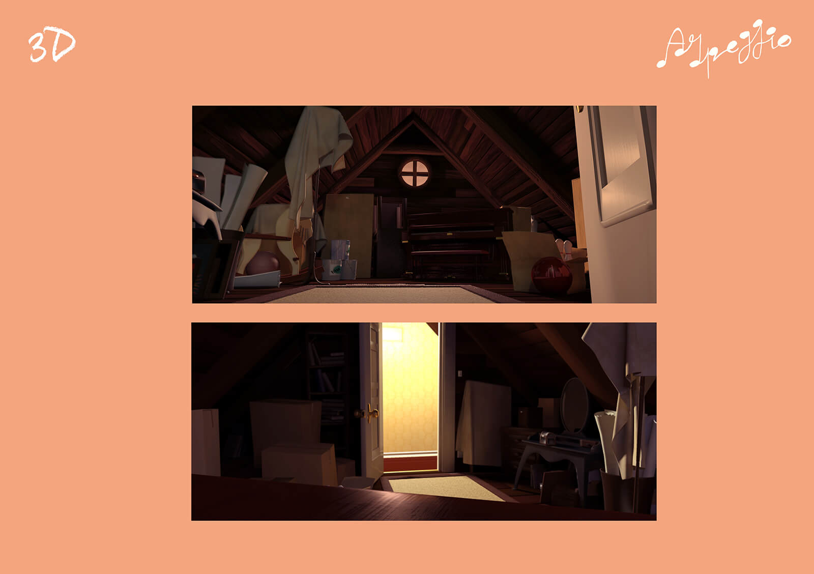 3D modeling of the attic setting in the film Arpeggio, depicting the view from the room door as well as from the far side