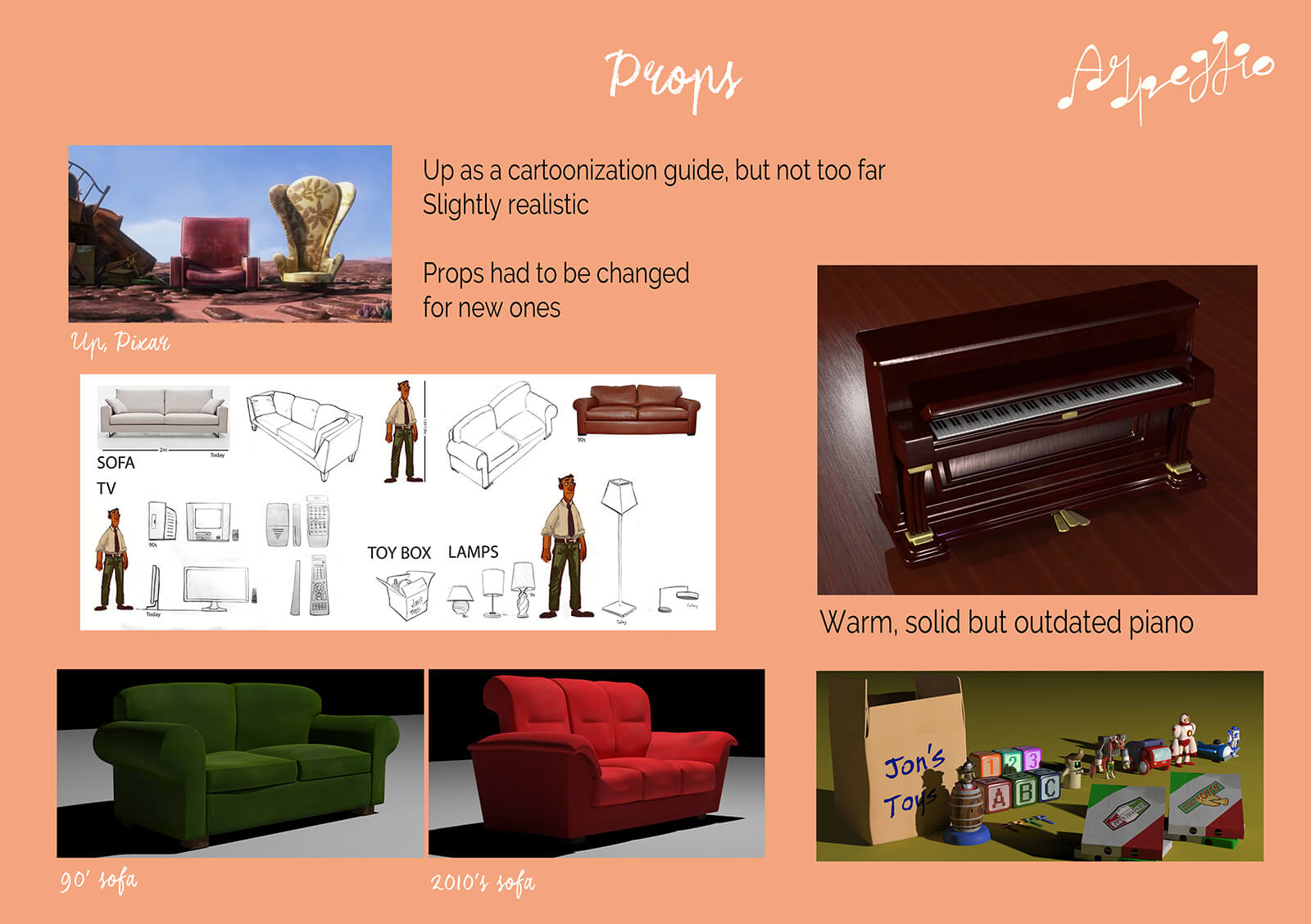 Reference and concept art and models of props for the film Arpeggio, including couches, toys, and a piano