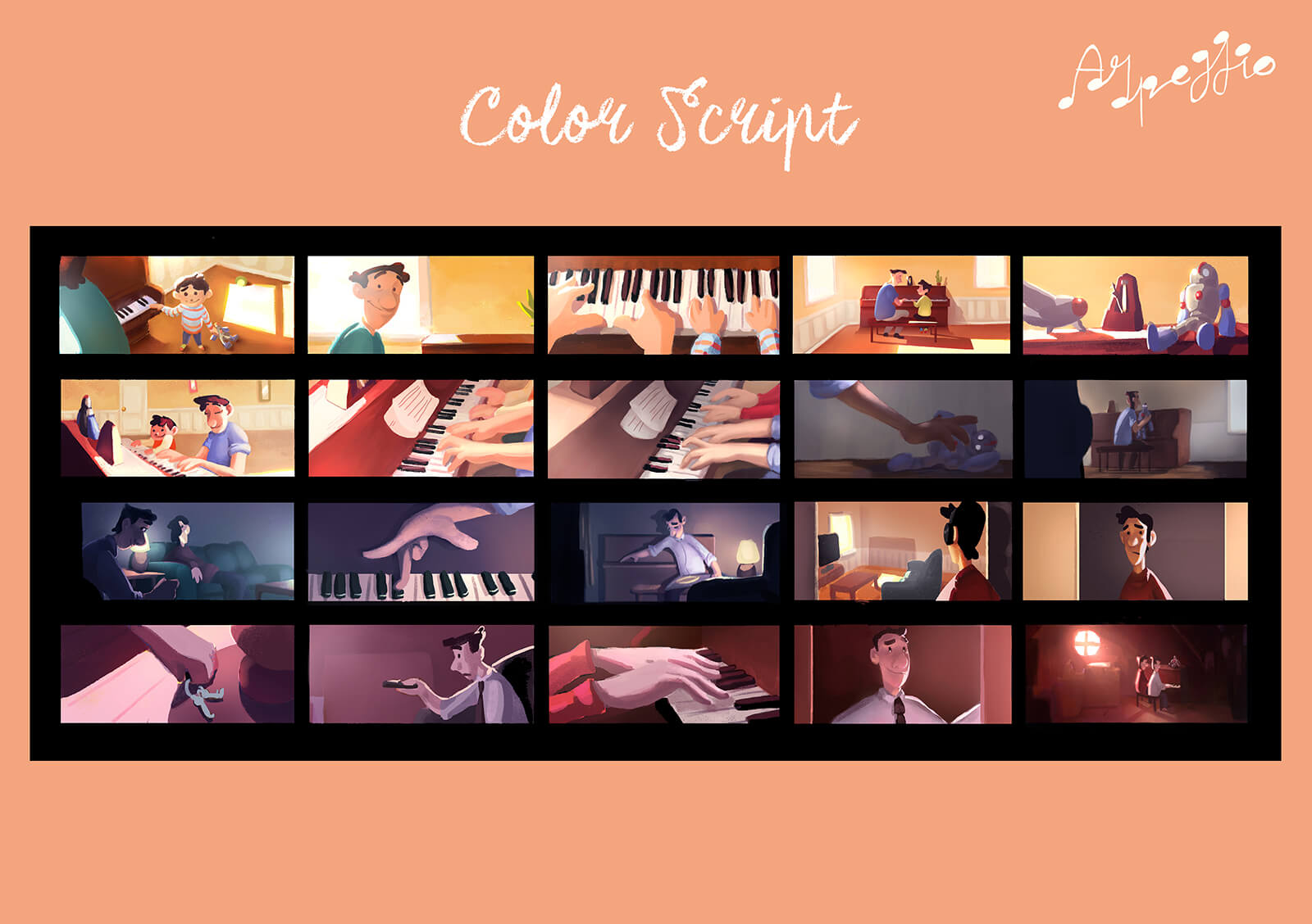 Color script para el cortometraje Arpeggio, incluidas 15 frames que resumen la historia de principio a fin.