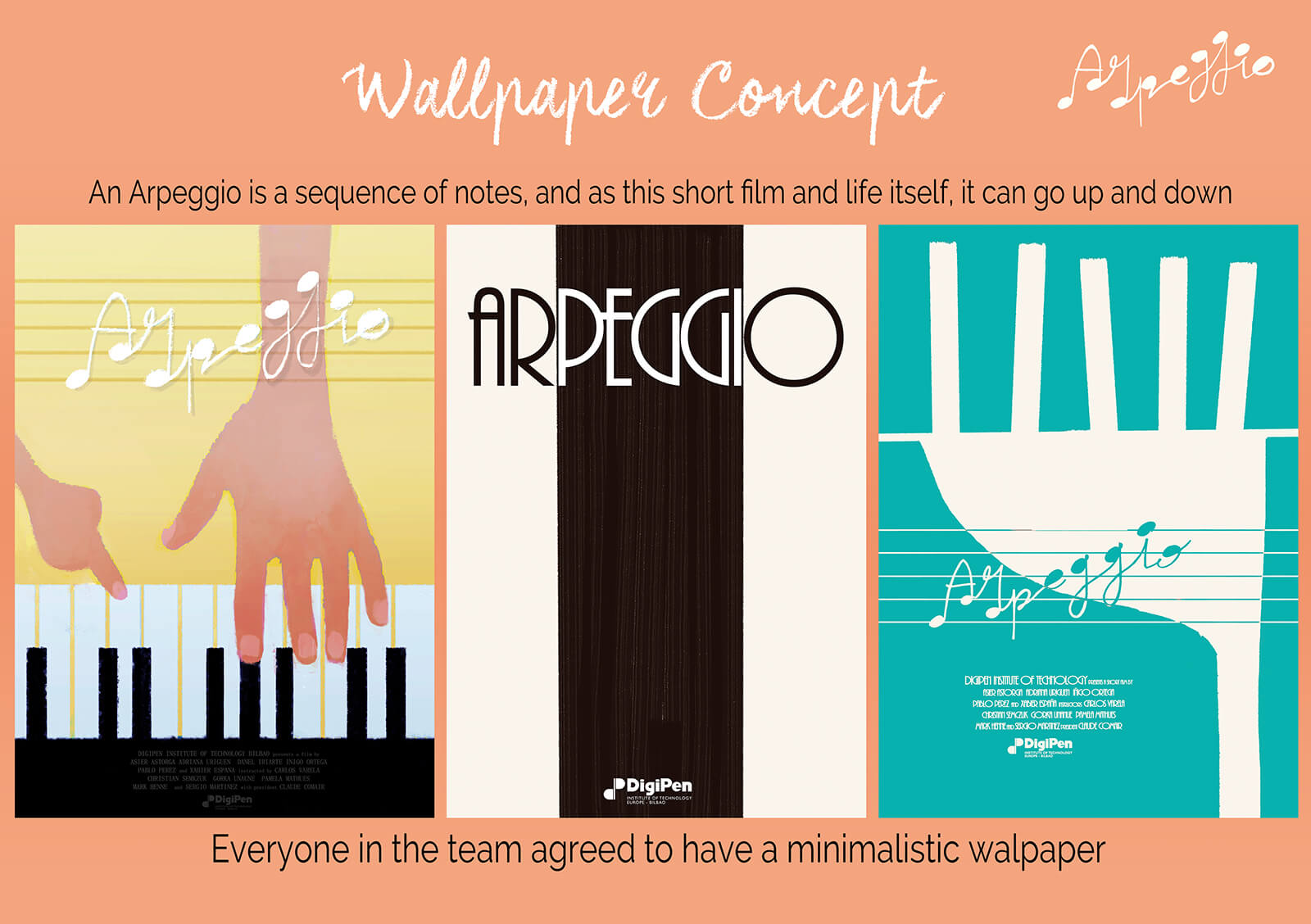 Diseños para pósters promocionales del corotmetraje Arpeggio, con letras y diseños estilizados como notas musicales y teclas de piano.
