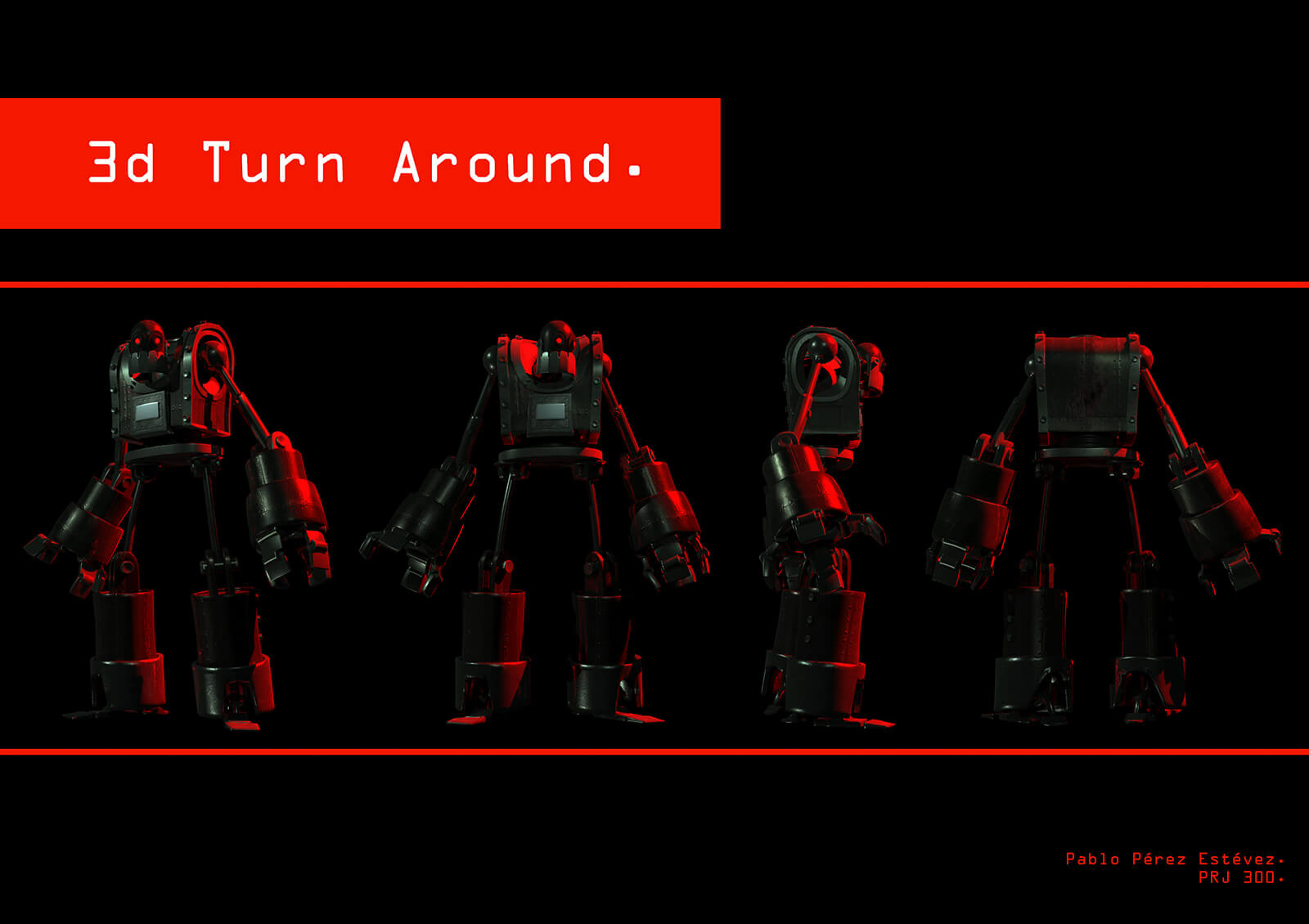 3D turnaround slide for the film Core depicting a large metallic robot from different angles