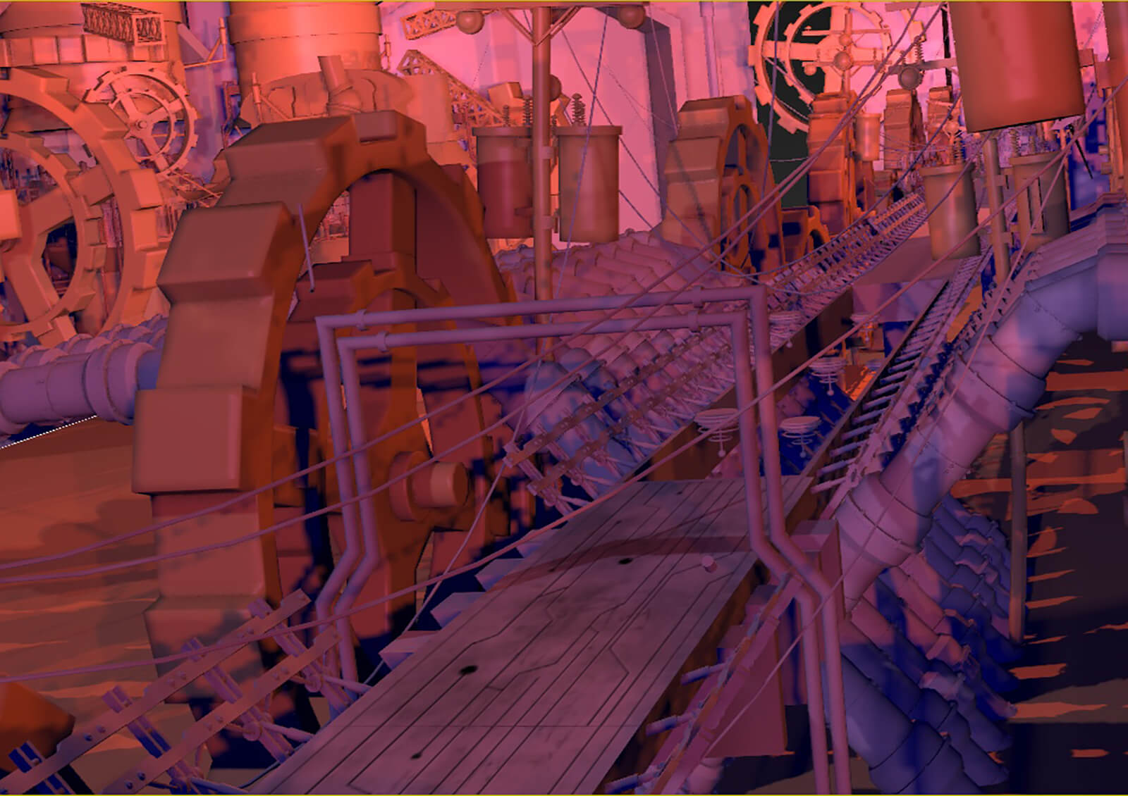 Modelo en 3D de un corredor industrial con engranajes, tuberías y postes, del cortometraje Deadly Delivery.