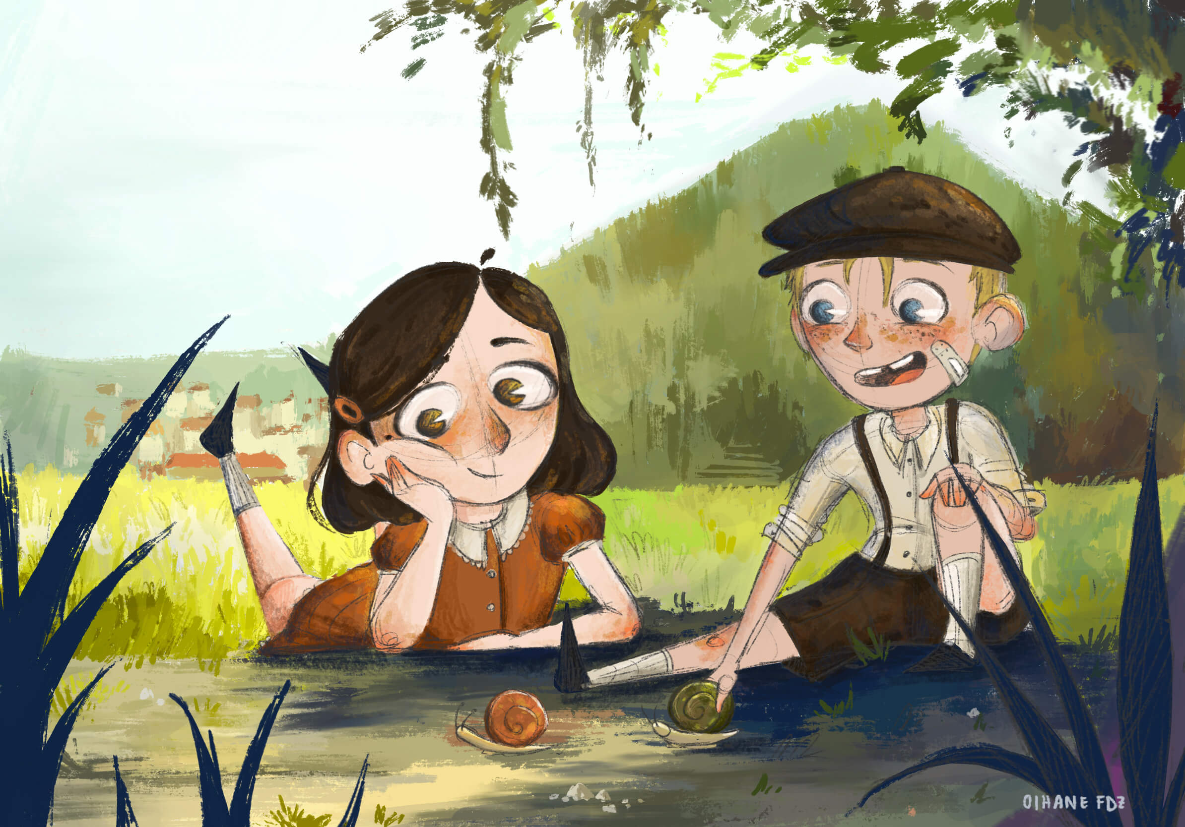 A boy and a girl play in the field, racing snails. It is a memory from their childhood.