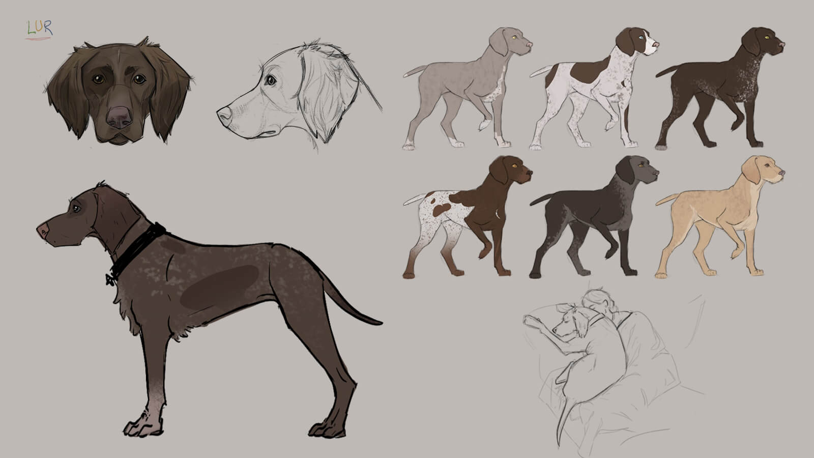 Early concept art showcasing Lur, the canine character in the film, during the initial stages of design.