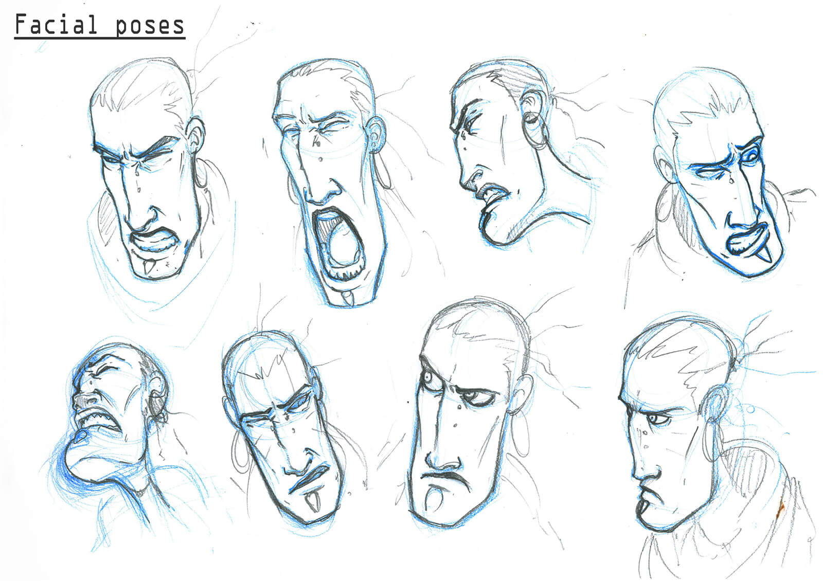 Blue and black sketches of a man with a thin, long face making expressions while in pain, straining, and glaring