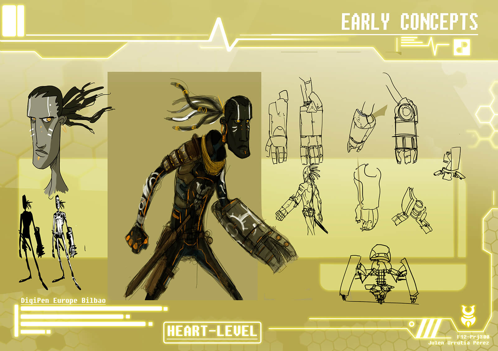 Arte conceptual de un personaje de Heart Level, que incluye detalles de armadura de brazo y demás equipamiento.